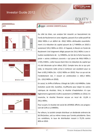 Investor Guide 2012



BTP                                                                                 LAFARGE CIMENTS (Suite)

                   Evolu on du RNPG (En MDhs)


                                                                          Du côté du bilan, son analyse fait ressor r un basculement du
                                                       -1,5 pts

                -0,9%
                                                                          Fonds de Roulement en zone néga ve, passant d’un solde posi f de

                                          31,3%
                                                                          338,4 MDhs à un déﬁcit de -458,2 MDhs a ribuable essen elle-
      1674,8
                                                                  29,8%
                                                                          ment à la réduc on du capital passant de 1,7 MMDhs en 2010 à
                        1660,4
                                                                          seulement 524,1 MDhs en 2011. A l’opposé, le Besoin en Fonds de
      2010               2011             2010      Marge nette 2011
                                                                          Roulement s’est largement allégé passant de 214,1 MDhs à une si-
                                                                          tua on excédentaire de -1,2 MMDhs, du fait de la forte hausse du
                                                                          poste « autres créditeurs courants » qui passe de 444,4 MDhs à
               Evolu on de la de e ne e (En MDhs)
                                                                          1 935,3 MDhs ; ce e hausse étant liée à la réduc on du capital qui
                2010                              2011                    n’a été décaissée qu’en début 2012. Compte tenu de ce qui pré-
               -124,3
                                                                          cède, la trésorerie ne e arrive à renforcer son excédent pour se
                                                  -695,3
                                                                          ﬁxer à 695,2 MDhs (Vs. +124,3 MDhs en 2010). Pour ce qui est de
                                                                          l’ende ement net, il ressort en améliora on à -695,3 MDhs

                                 Dette nette                              (Vs. -124,3 MDhs en 2010).

                                                                          En social, le chiﬀre d’aﬀaires s’élargit de 5,8% à 4,8 MMDhs. Ce e
                                                                          évolu on aurait été, toutefois, insuﬃsante pour doper les autres
                                                                          rubriques de résultats. Ainsi, le résultat d’exploita on n’a que
         Evolu on du Chiﬀre d’aﬀaires social (En MDhs)                    légèrement augmenté (+1,8% à seulement 1,9 MMDhs en 2011). En
                                                                          revanche, le résultat ﬁnancier accuse un recul de -11,6% à
                                 +5,8%            4 765,3                 242,1 MDhs.

                                                                          Pour sa part, le résultat net social de LAFARGE aﬃche une progres-
               4 504,9
                                                                          sion de 5,9% à 1,5 MMDhs.

               2010                               2011
                                                                          Par ailleurs, la société compte distribuer un dividende ordinaire de
                                                                          66 Dhs/ac on, soit au même niveau que l’année précédente. Dans
                                                                          ces condi ons, le taux de distribu on ressort à 75,5% contre
                                                                          80% en 2010.



                                                                                    47
 