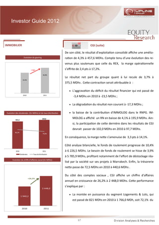 Investor Guide 2012



IMMOBILIER                                                                      CGI (suite)

                                                            De son côté, le résultat d’exploita on consolidé aﬃche une amélio-
                       Evolu on du gearing                  ra on de 4,3% à 457,6 MDhs. Compte tenu d’une évolu on des re-
                                                            venus plus soutenues que celle du REX, la marge opéra onnelle
                                 +7,9pts                    s’eﬀrite de 2,4 pts à 17,2%.
                                                 40,8%
                                                            Le résultat net part du groupe quant à lui recule de 3,7% à
                     32,9%
                                                            375,5 MDhs . Ce e contrac on serait a ribuable à :

                                                               • L’aggrava on du déﬁcit du résultat ﬁnancier qui est passé de
                      2010                        2011
                                                                  -3,4 MDhs en 2010 à -23,5 MDhs ;

                                                               • La dégrada on du résultat non courant à -17,3 MDhs ;


 Evolu on des dividendes (En MDhs) et du taux distribu on      • la baisse de la contribu on d’IMMOLOG dans le RNPG. IM-

          331,3
                                                 349,8            MOLOG a aﬃché un RN en baisse de 4,1% à 195,9 MDhs. Ain-
                                                                  si, la par cipa on de ce e dernière dans les résultats de CGI
                                                                  devrait passer de 102,0 MDhs en 2010 à 97,7 MDhs.
          86,3%
                                                 79,8%

                                                            En conséquence, la marge ne e s’amenuise de 3,3 pts à 14,1%.

                                                            Côté analyse bilancielle, le fonds de roulement progresse de 10,4%
          2010                                   2011       à 6 226,5 MDhs. Le besoin de fonds de roulement se hisse de 3,9%
                  Dividendes        Taux de distribution
                                                            à 5 785,9 MDhs, proﬁtant notamment de l’eﬀort de déstockage réa-
       Evolu on du chiﬀe d’aﬀaires social (En MDhs)
                                                            lisé par la société sur ses projets à Marrakech. Enﬁn, la trésorerie
                                                            ne e passe de 72,5 MDhs en 2010 à 440,6 MDhs .

                                                            Du côté des comptes sociaux , CGI aﬃche un chiﬀre d’aﬀaires
                               +26,2%
                                                            annuel en croissance de 26,2% à 2 448,0 MDhs. Ce e performance
                                                            s’explique par :
                                                2 448,0

                                                               • La montée en puissance du segment Logements & Lots, qui
                  1 940,2
                                                                  est passé de 821 MDhs en 2010 à 1 766,0 MDh, soit 72,1% du

                    2010                          2011




                                                                      67
 