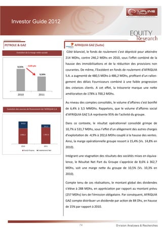 Investor Guide 2012



 PETROLE & GAZ                                                      AFRIQUIA GAZ (Suite)

             Evolu on de la marge ne e sociale             Côté bilanciel, le fonds de roulement s’est déprécié pour a eindre
                                                           214 MDhs, contre 246,2 MDhs en 2010, sous l’eﬀet combiné de la
                                                           hausse des immobilisa ons et de la réduc on des provisions non
              9,55%        - 0,05 pts
                                                           courantes. De même, l’Excédent en fonds de roulement d’AFRIQUIA
                                         9,50%
                                                           S.A. a augmenté de 480,5 MDhs à 486,2 MDhs, proﬁtant d’un rallon-
                                                           gement des délais Fournisseurs combiné à une faible progression
                                                           des créances clients. A cet eﬀet, la trésorerie marque une ne e

               2010                     2011               améliora on de 178% à 700,2 MDhs.

                                                           Au niveau des comptes consolidés, le volume d’aﬀaires s’est boniﬁé
    Evolu on des sources de ﬁnancement de l’AFRIQUIA S.A   de 6,4% à 3,5 MMDhs. Rappelons, que le volume d’aﬀaires social
                                                           d’AFRIQUIA GAZ S.A représente 95% de l’ac vité du groupe.
3 000,0

2 500,0
                  810,8                                    Dans ce contexte, le résultat opéra onnel consolidé grimpe de
2 000,0                                       351,3

1 500,0
                                                           10,7% à 531,7 MDhs, sous l’eﬀet d’un allègement des autres charges
1 000,0          1 800,3                      1 907,4
                                                           d’exploita on de -4,9% à 202,6 MDhs couplé à la hausse des ventes.
 500,0
                                                           Ainsi, la marge opéra onnelle groupe ressort à 15,4% (Vs. 14,8% en
     -
                  2010                        2011
                                                           2010).
                      Fonds Propres     Endettement Net


                                                           Intégrant une stagna on des résultats des sociétés mises en équiva-
                                                           lence, le Résultat Net Part du Groupe s’apprécie de 8,6% à 362,7
                                                           MDhs, soit une marge ne e du groupe de 10,5% (Vs. 10,3% en
                                                           2010).

                                                           Compte tenu de ces réalisa ons, le montant global des dividendes
                                                           s’élève à 288 MDhs, en apprécia on par rapport au montant prévu
                                                           (257 MDhs) lors de l’émission obligataire. Par conséquent, AFRIQUIA
                                                           GAZ compte distribuer un dividende par ac on de 84 Dhs, en hausse
                                                           de 15% par rapport à 2010.




                                                                       74
 