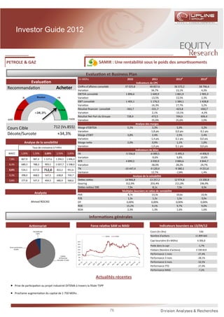 Investor Guide 2012



PETROLE & GAZ                                                                              SAMIR : Une rentabilité sous le poids des amor ssements

                                                                                Evalua on et Business Plan
                                                                           En MDhs                                     2010                   2011              2012p          2013p
         Evalua on                                                                                                              Indicateurs de CPC
                                                                          Chiﬀre d’aﬀaires consolidé                 37 025,8               49 857,6          56 373,2       58 796,4
Recommanda on                                       Acheter               Varia on                                        -                   34,7%             13,1%          4,3%
                                                                          EBITDA consolidé                            1 896,6                1 640,9           1 861,9        1 905,3
                                                                          Varia on                                        -                  -13,5%             13,5%          2,3%
                                                                          EBIT consolidé                              1 405,1                1 176,5           1 384,1        1 428,8
                                                                          Varia on                                        -                  -16,3%             17,7%          3,2%
                                                                          Résultat ﬁnancier consolidé                 -563,7                 -551,7            -623,8         -650,7
                                                                          Varia on                                        -                    2,1%            -13,1%          -4,3%
                                                                          Résultat Net Part du Groupe                  728,4                  473,5             594,6          606,4
                                                                          Varia on                                        -                  -35,0%             25,6%          2,0%
                                                                                                                               Analyse des marges
Cours Cible                                        712 (Vs.855)           Marge d’EBITDA                                5,1%                   3,3%              3,3%           3,2%
                                                                          Varia on                                        -                 -1,8 pts           0,0 pts        -0,1 pts
Décote/Surcote                                       +34,3%               Marge d’EBIT                                  3,8%                   2,4%              2,5%           2,4%
                                                                          Varia on                                        -                 -1,4 pts           0,1 pts         0,0 pts
                       Analyse de la sensibilité                          Marge ne e                                    2,0%                   0,9%              1,1%           1,0%
                             Taux de croissance à l'inﬁni
                                                                          Varia on                                        -                 -1,0 pts           0,1 pts         0,0 pts
                                                                                                                               Indicateurs de bilan
WACC              1,00%      1,50%       2,00%      2,50%        3,00%    FR                                         -5 556,8               -6 089,5          -5 495,5       -4 406,9
                                                                          Varia on                                        -                   -9,6%              9,8%          19,8%
 7,8%             867,9      987,4       1 127,6    1 294,5     1 496,4
                                                                          BFR                                         4 890,5                3 030,9           3 884,6        4 844,7
 8,3%             689,3      788,3       903,1      1 037,7     1 198,0   Varia on                                        -                  -38,0%             28,2%          24,7%
                                                                          TN                                        -10 447,4               -9 120,4          -9 380,1       -9 251,6
 8,8%             534,1      617,0       712,0      822,2        951,6
                                                                          Varitaion                                       -                  12,7%              -2,8%           1,4%
 9,3%             398,0      468,0       547,5      638,8        744,7                                                       Analyse de la solvabilité
 9,8%             277,8      337,3       404,5      480,9        568,6    De es ne es                                14 966,8               13 257,2          12 974,8       13 200,8
                                                                          Gearing                                     312,9%                 255,4%            211,0%         196,9%
                                                                          De es ne es/ EBE                              7,9x                   8,1x              7,0x          6,9x
                                                                                                                   Mul ples boursiers et ra os de rentabilité
                              Analyste                                    PER                                           8,7x                  13,3x             10,6x         10,4x
                                                                          P/B                                           1,3x                   1,2x              1,0x          0,9x
                           Ahmed ROCHD                                    DY                                          0,00%                  0,00%              0,00%         0,00%
                                                                          ROE                                          15,2%                   9,1%              9,7%          9,0%
                                                                          ROA                                          2,3%                    1,3%              1,6%          1,6%

                                                                                      Informa ons générales
                          Ac onnariat                                                 Force rela ve SAM vs MASI                                   Indicateurs boursiers au 13/04/12
                             HOLMARCOM                                                                                                    Cours (En Dhs)                     530
                                5,82%
                                                                                                 MASI        SAM                          Nombre d'ac ons                 11 899 665

                                                                          151
                                                                                                                                          Capi boursière (En MDhs)          6 306,8
                                                                          141
                                                                          131
                                                                                                                                          Poids dans la capi                -1,7%
 Divers actionnaires
       26,89%                                                             121                                                             Flo ant (Nombre d’ac ons)        3 199 819
                                                                          111
                                                                          101                                                             Performance 1 mois                -27,4%
                                                         CORRAL
                                                       PETROLEUM
                                                                           91
                                                                                                                                          Performance 3 mois                -28,1%
                                                     HOLDING 67,30%        81
                                                                                                                                          Performance 6 mois                -32,5%
                                                                                                                                          Performance YTD                   -27,4%
                                                                                                                                          Performance MASI                  -7,2%

                                                                                         Actualités récentes
  •     Prise de par cipa on au projet industriel DITEMA à travers la ﬁliale TSPP

  •     Prochaine augmenta on du capital de 1 750 MDhs .




                                                                                                        76
 