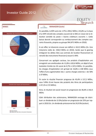 Investor Guide 2012



MINES                                                                            MANAGEM (Suite)

                                                                  En parallèle, le BFR varie de +17% à 494,2 MDhs (-45,8% sur la base
          Répar    on des inves ssements engagés en 2011          d’un BFR retraité des comptes courant de la SNI) en raison de la ré-
                                                                  duc on sensible du poste « Autres créditeurs courants ». Ce e
                        Infrastructure
                            minière                               baisse devrait correspondre au remboursement des comptes cou-
                             13%
                  Recherche                                       rants d’associés, propres au groupe SNI (471 MDhs en 2010).
                     13%
                                              Nouveaux
                                               Projets
                   Investissemen                55%               A cet eﬀet, la trésorerie creuse son déﬁcit à -612,5 MDhs (Vs. Une
                    ts physiques
                        19%                                       trésorerie ne e de -330,9 MDhs en 2010), tandis que le gearing
                                                                  (intégrant les de es liées aux contrats de loca on ﬁnancement et
                                                                  retraité des instruments ﬁnanciers) ressort à 44%.

                                                                  Concernant ses agrégats sociaux, Les produits d’exploita on ont
                                                                  enregistré une améliora on de 11,8% à 165,6 MDhs, en dépit d’une
                                                                  évolu on limitée du CA social de 0,7% à 147,6 MDhs. En parallèle,
                                                                  les charges d’exploita on ont grimpé de 16,8% à 138 MDhs sous
                                                                  l’eﬀet d’une augmenta on des « autres charges externes » de 58%
                                                                  à 37 MDhs.

                                                                  En outre le résultat ﬁnancier progresse de 43,4% à 117,2 MDhs,
                                                                  sous l’eﬀet d’une hausse des produits des tres de par cipa ons
             Evolu on des moyens de ﬁnancements
                                                                  (+37,1% à 172 MDhs).

4 500,0                                                           Ainsi, le résultat net social ressort en progression de 30,4% à 142,9
4 000,0
3 500,0
                                                   1 224,3        MDhs
3 000,0
2 500,0                                                           Côté rétribu on des ac onnaires, MANAGEM envisage de distri-
2 000,0
1 500,0               1 042,8
                                                   2 793,5        buer un dividende de 15 Dhs/ac on en progression de 25% par rap-
1 000,0
                      757,3
                                                                  port à 2010 (Vs. Un dividende prévisionnel de 24,9 Dhs/ac on).
 500,0
     -
                       2010                         2011

                  Fonds Propres
                  Endettement Net (hors instruments financiers)




                                                                            88
 