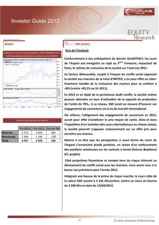 Investor Guide 2012



  MINES                                                                   SMI (Suite)
                                                                  Avis de l’Analyste
 Evolu on du cours de l’Ag, des posi ons LARGE TRADERS et de la
    taille des posi ons ouvertes des contrats à terme (COMEX)
                                                                  Conformément à nos an cipa ons du dernier QUARTERLY, les cours
                                                                  de l’Argent ont enregistré un repli au 3ème trimestre, impactant de
                                                                  facto, le rythme de croissance de la société sur l’exercice 2011.
                                                                  Ce facteur défavorable, couplé à l’impact du conﬂit social opposant
                                                                  la société aux riverains de la mine d’IMITER, a eu pour eﬀet un ralen-
                                                                    ssement notable de la croissance des revenus pour se conﬁner à
                                                                  +8% (contre +83,1% au S1-2011).
                                                                  En 2012 et en dépit de la persistance dudit conﬂit, la société es me
                                                                  pouvoir a eindre un taux d’u lisa on de la capacité de produc on
                                                                  de l’ordre de 70%,. A ce niveau, SMI serait en mesure d’honorer ses
                                                                  engagements de couverture vis-à-vis du marché interna onal.
                                                                  Par ailleurs, l’allègement des engagements de couverture en 2012,
              Evolu on des Ressources & Réserves                  aurait pour eﬀet d’améliorer le prix moyen de vente. Ainsi et dans
                                                                  l’hypothèse d’un main en des cours interna onaux au niveau actuel,
                  Fin 2010        Fin 2011      Var en TM         la société pourrait s’appuyer exclusivement sur un eﬀet prix pour
Réserves            2 713           3 059          346            accroître ses revenus.
Ressources          1 344           1 144         -200
Total               4 057           4 203          146            Notons à ce tre que les perspec ves à court terme du cours de
                                                                  l’Argent s’annoncent plutôt posi ves, en raison d’un renforcement
                                                                  des posi ons acheteuses sur les contrats à terme (futures &op ons)
                                                                  (Cf. graphe).
                                                                  Côté projec ons ﬁnancières et compte tenu du risque inhérent au
                                                                  dénouement du conﬂit social avec les riverains, nous avons revu à la
                                                                  baisse nos prévisions pour l’année 2012.
                                                                  Intégrant une hausse de la prime de risque marché, le cours cible de
                                                                  la valeur SMI ressort à 3 335 Dhs/ac on, contre un cours en bourse
                                                                  de 3 340 Dhs en date du 13/04/2012.




                                                                            95
 