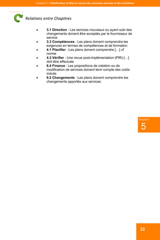  
 
Chapitre 5 | Planification et Mise en œuvre des nouveaux services et des évolutions 
 
5
Chapitre
22
Relations entre Chapitres 
 3.1 Direction : Les services nouveaux ou ayant subi des
changements doivent être acceptés par le fournisseur de
service
 3.3 Compétences : Les plans doivent comprendre les
exigences en termes de compétences et de formation
 4.1 Planifier : Les plans doivent comprendre […] cf
norme
 4.3 Vérifier : Une revue post-implémentation (PIR) […]
doit être effectuée
 6.4 Finance : Les propositions de création ou de
modification de services doivent tenir compte des coûts
induits
 9.2 Changements : Les plans doivent comprendre les
changements apportés aux services
 
 
 