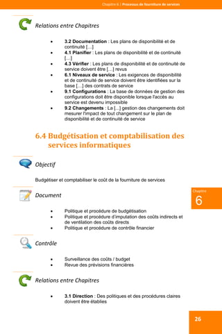  
 
Chapitre 6 | Processus de fourniture de services 
 
6
Chapitre
26
Relations entre Chapitres 
 3.2 Documentation : Les plans de disponibilité et de
continuité […]
 4.1 Planifier : Les plans de disponibilité et de continuité
[…]
 4.3 Vérifier : Les plans de disponibilité et de continuité de
service doivent être […] revus
 6.1 Niveaux de service : Les exigences de disponibilité
et de continuité de service doivent être identifiées sur la
base […] des contrats de service
 9.1 Configurations : La base de données de gestion des
configurations doit être disponible lorsque l'accès au
service est devenu impossible
 9.2 Changements : La [...] gestion des changements doit
mesurer l'impact de tout changement sur le plan de
disponibilité et de continuité de service
6.4 Budgétisation et comptabilisation des 
services informatiques 
 
Objectif 
Budgétiser et comptabiliser le coût de la fourniture de services
Document 
 Politique et procédure de budgétisation
 Politique et procédure d’imputation des coûts indirects et
de ventilation des coûts directs
 Politique et procédure de contrôle financier
 
Contrôle 
 Surveillance des coûts / budget
 Revue des prévisions financières
 
Relations entre Chapitres 
 3.1 Direction : Des politiques et des procédures claires
doivent être établies
 