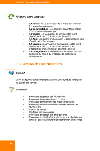  
  
Chapitre 7 | Processus de gestion des relations 
31 
 
Relations entre Chapitres 
 3.1 Direction : Le fournisseur de services doit identifier
[…] les parties prenantes
 3.2 Documentation : Ces réunions doivent faire l'objet
d'un compte-rendu ou rapport
 4.3 Vérifier : Le fournisseur de services et le client
doivent participer […] à une revue de service
 4.4 Agir : Les actions d'amélioration [...] alimentent le plan
d'amélioration des services
 6.1 Niveaux de service : Le fournisseur [...] et le client
doivent participer […] à une revue de service afin
d'aborder les changements du contrat de service
 9.2 Changements : Les amendements doivent être mis
en œuvre au travers du processus de gestion des
changements
7.3 Gestion des fournisseurs 
 
Objectif 
Gérer les fournisseurs de manière à assurer une fourniture continue et
de qualité des services
Document 
 Processus de gestion des fournisseurs
 Processus de revue globale du contrat
 Processus de traitement des litiges contractuels
 Processus de communication à délivrer par le ou les
fournisseurs
 Contrat de service
 Interfaces entre processus
 Processus de gestion des changements
 Processus pour traiter les arrêts de service planifiés, les
arrêts de service avant-terme ou le transfert d’un service
 
 
 