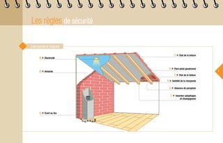 Les règles de sécurité
7
5 ◆ Écart au feu
4 ◆ Solidité de la charpente
1 ◆ Etat de la toiture
3 ◆ Pare-pluie goudronné
8 ◆ Amiante
6 ◆ Electricité
7 ◆ Insectes xylophages
et champignons
2 ◆ Absence de parepluie
1 ◆ Etat de la toiture
Les points à risques
15 cm 15 cm
 