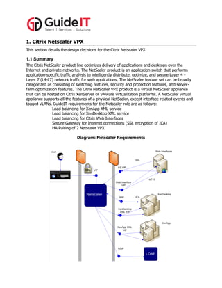 1. Citrix Netscaler VPX
This section details the design decisions for the Citrix Netscaler VPX.

1.1 Summary
The Citrix NetScaler product line optimizes delivery of applications and desktops over the
Internet and private networks. The NetScaler product is an application switch that performs
application-specific traffic analysis to intelligently distribute, optimize, and secure Layer 4 Layer 7 (L4-L7) network traffic for web applications. The NetScaler feature set can be broadly
categorized as consisting of switching features, security and protection features, and serverfarm optimization features. The Citrix NetScaler VPX product is a virtual NetScaler appliance
that can be hosted on Citrix XenServer or VMware virtualization platforms. A NetScaler virtual
appliance supports all the features of a physical NetScaler, except interface-related events and
tagged VLANs. GuideIT requirements for the Netscaler role are as follows:
Load balancing for XenApp XML service
Load balancing for XenDesktop XML service
Load balancing for Citrix Web Interfaces
Secure Gateway for Internet connections (SSL encryption of ICA)
HA Pairing of 2 Netscaler VPX
Diagram: Netscaler Requirements

 