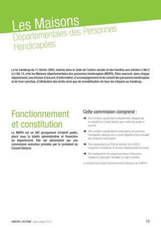 Les Maisonss Personnes
         s de
 Dé partementale
 Handicapées

La loi handicap du 11 février 2005, insérée dans le Code de l’action sociale et des familles aux articles L146-3
à L146-13, crée les Maisons départementales des personnes handicapées (MDPH). Elles exercent, dans chaque
département, une mission d’accueil, d’information, d’accompagnement et de conseil des personnes handicapées
et de leurs proches, d’attribution des droits ainsi que de sensibilisation de tous les citoyens au handicap.




Fonctionnement                                            Cette commission comprend :
                                                          ÎÎ Des membres représentant le département, désignés par

et constitution                                              le président du Conseil Général, pour moitié des postes à
                                                             pourvoir.
                                                          ÎÎ Des membres représentant les associations de personnes
La MDPH est un GIP, groupement d’intérêt public,
                                                             handicapées, désignés par le conseil départemental consultatif
placé sous la tutelle administrative et financière
                                                             des personnes handicapées.
du département. Elle est administrée par une
commission exécutive présidée par le président du         ÎÎ Trois représentants de l’Etat (le directeur de la DASS,
Conseil Général.                                             l’inspecteur d’Académie, le Directeur départemental du travail).
                                                          ÎÎ Des représentants des organismes locaux d’assurance
                                                             maladie et d’allocations familiales du régime général.
                                                          Le président du Conseil Général nomme le directeur de la MDPH.




VAINCRE L’AUTISME Guide juridique 2012                                                                                   13
 