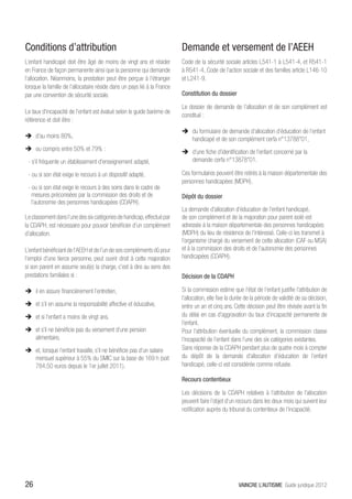 Conditions d’attribution                                                  Demande et versement de l’AEEH
L’enfant handicapé doit être âgé de moins de vingt ans et résider         Code de la sécurité sociale articles L541-1 à L541-4, et R541-1
en France de façon permanente ainsi que la personne qui demande           à R541-4, Code de l’action sociale et des familles article L146-10
l’allocation. Néanmoins, la prestation peut être perçue à l’étranger      et L241-9.
lorsque la famille de l’allocataire réside dans un pays lié à la France
par une convention de sécurité sociale.                                   Constitution du dossier

                                                                          Le dossier de demande de l’allocation et de son complément est
Le taux d’incapacité de l’enfant est évalué selon le guide barème de
                                                                          constitué :
référence et doit être :
                                                                          ÎÎ du formulaire de demande d’allocation d’éducation de l’enfant
ÎÎ d’au moins 80%,                                                           handicapé et de son complément cerfa n°13788*01,
ÎÎ ou compris entre 50% et 79% :                                          ÎÎ d’une fiche d’identification de l’enfant concerné par la
 - s’il fréquente un établissement d’enseignement adapté,                    demande cerfa n°13878*01.

 - ou si son état exige le recours à un dispositif adapté,                Ces formulaires peuvent être retirés à la maison départementale des
                                                                          personnes handicapées (MDPH).
 - ou si son état exige le recours à des soins dans le cadre de
   mesures préconisées par la commission des droits et de                 Dépôt du dossier
   l’autonomie des personnes handicapées (CDAPH).
                                                                          La demande d’allocation d’éducation de l’enfant handicapé,
Le classement dans l’une des six catégories de handicap, effectué par     de son complément et de la majoration pour parent isolé est
la CDAPH, est nécessaire pour pouvoir bénéficier d’un complément          adressée à la maison départementale des personnes handicapées
d’allocation.                                                             (MDPH) du lieu de résidence de l’intéressé. Celle-ci les transmet à
                                                                          l’organisme chargé du versement de cette allocation (CAF ou MSA)
L’enfant bénéficiant de l’AEEH et de l’un de ses compléments dû pour      et à la commission des droits et de l’autonomie des personnes
l’emploi d’une tierce personne, peut ouvrir droit à cette majoration      handicapées (CDAPH).
si son parent en assume seul(e) la charge, c’est à dire au sens des
prestations familiales si :                                               Décision de la CDAPH

ÎÎ il en assure financièrement l’entretien,                               Si la commission estime que l’état de l’enfant justifie l’attribution de
                                                                          l’allocation, elle fixe la durée de la période de validité de sa décision,
ÎÎ et s’il en assume la responsabilité affective et éducative,            entre un an et cinq ans. Cette décision peut être révisée avant la fin
ÎÎ et si l’enfant a moins de vingt ans,                                   du délai en cas d’aggravation du taux d’incapacité permanente de
                                                                          l’enfant.
ÎÎ et s’il ne bénéficie pas du versement d’une pension                    Pour l’attribution éventuelle du complément, la commission classe
   alimentaire,                                                           l’incapacité de l’enfant dans l’une des six catégories existantes.
ÎÎ et, lorsque l’enfant travaille, s’il ne bénéficie pas d’un salaire     Sans réponse de la CDAPH pendant plus de quatre mois à compter
   mensuel supérieur à 55% du SMIC sur la base de 169 h (soit             du dépôt de la demande d’allocation d’éducation de l’enfant
   784,50 euros depuis le 1er juillet 2011).                              handicapé, celle-ci est considérée comme refusée.

                                                                          Recours contentieux

                                                                          Les décisions de la CDAPH relatives à l’attribution de l’allocation
                                                                          peuvent faire l’objet d’un recours dans les deux mois qui suivent leur
                                                                          notification auprès du tribunal du contentieux de l’incapacité.




26                                                                                                    VAINCRE L’AUTISME Guide juridique 2012
 