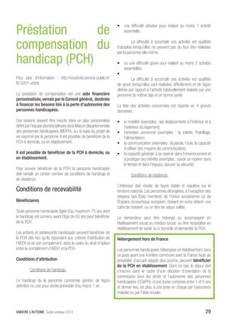 Préstation     de
                                                                     •	 une difficulté absolue pour réaliser au moins 1 activité
                                                                        essentielle.


compensation du                                                      	       La difficulté à accomplir ces activités est qualifiée
                                                                     d’absolue lorsqu’elles ne peuvent pas du tout être réalisées
                                                                     par la personne elle-même.

handicap (PCH)                                                       •	 ou une difficulté grave pour réaliser au moins 2 activités
                                                                          essentielles.
                                                                     •	
Pour plus d’information : http://vosdroits.service-public.fr/        	       La difficulté à accomplir ces activités est qualifiée
N14201.xhtml                                                         de grave lorsqu’elles sont réalisées difficilement et de façon
                                                                     altérée par rapport à l’activité habituellement réalisée par une
La prestation de compensation est une aide financière                personne du même âge et en bonne santé.
personnalisée, versée par le Conseil général, destinée
à financer les besoins liés à la perte d’autonomie des               La liste des activités concernées est répartie en 4 grands
personnes handicapées.                                               domaines :

Ces besoins doivent être inscrits dans un plan personnalisé          •	 la mobilité (exemples : les déplacements à l’intérieur et à
défini par l’équipe pluridisciplinaire de la Maison départementale      l’extérieur du logement),
des personnes handicapées (MDPH), sur la base du projet de           •	 l’entretien personnel (exemples : la toilette, l’habillage,
vie exprimé par la personne. Il est possible de bénéficier de la        l’alimentation),
PCH à domicile, ou en établissement.                                 •	 la communication (exemples : la parole, l’ouïe, la capacité
                                                                        à utiliser des moyens de communication),
Il est possible de bénéficier de la PCH à domicile, ou               •	 la capacité générale à se repérer dans l’environnement et
en établissement.                                                       à protéger ses intérêts (exemples : savoir se repérer dans
                                                                        le temps et dans l’espace, assurer sa sécurité).
Pour pouvoir bénéficier de la PCH, la personne handicapée
doit remplir un certain nombre de conditions de handicap et          	       Conditions de résidence
de résidence.
                                                                     L’intéressé doit résider de façon stable et régulière sur le
Conditions de recevabilité                                           territoire national. Les personnes étrangères, à l’exception des
                                                                     citoyens des États membres de l’Union européenne ou de
Bénéficiaires                                                        l’Espace économique européen, doivent en outre détenir une
                                                                     carte de résident, ou un titre de séjour valide.
Toute personne handicapée âgée d’au maximum 75 ans dont
le handicap est survenu avant l’âge de 60 ans peut bénéficier        Le demandeur peut être hébergé ou accompagné en
de la PCH.                                                           établissement social ou médico-social, ou être hospitalisé en
                                                                     établissement de santé ou à domicile et demander la PCH.
Les enfants et adolescents handicapés peuvent bénéficier de
la PCH dès lors qu’ils répondent aux critères d’attribution de       Hébergement hors de France
l’AEEH et de son complément, dans le cadre du droit d’option
entre le complément d’AEEH et la PCH.                                Les personnes handicapées hébergées en établissement dans
                                                                     un pays ayant une frontière commune avec la France faute de
Conditions d’attribution                                             possibilité d’accueil adapté plus proche, peuvent bénéficier
                                                                     de la PCH en établissement. Dans ce cas, le séjour doit
	       Conditions de handicap                                      s’inscrire dans le cadre d’une décision d’orientation de la
                                                                     commission pour les droits et l’autonomie des personnes
Le handicap de la personne concernée génère, de façon                handicapées (CDAPH), d’une durée comprise entre 1 et 5 ans
définitive ou une pour durée prévisible d’au moins 1 an :            et donner lieu, en plus, à une prise en charge par l’assurance
                                                                     maladie ou par l’aide sociale.



VAINCRE L’AUTISME Guide juridique 2012                                                                                           29
 