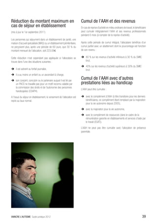 Réduction du montant maximum en                                          Cumul de l’AAH et des revenus
cas de séjour en établissement                                           En cas de reprise d’activité en milieu ordinaire de travail, le bénéficiaire
(mis à jour le 1er septembre 2011)                                       peut cumuler intégralement l’AAH et ses revenus professionnels
                                                                         pendant 6 mois (à compter de la reprise d’activité).
Les personnes qui séjournent dans un établissement de santé, une
maison d’accueil spécialisée (MAS) ou un établissement pénitentiaire,    Après cette période de cumul intégral, l’allocataire bénéficie d’un
ne perçoivent plus, après une période de 60 jours, que 30 % du           cumul partiel avec un abattement dont le pourcentage est fonction
montant mensuel de l’allocation, soit 223.08€                            de son revenu :

Cette réduction n’est cependant pas appliquée si l’allocataire se        ÎÎ 80 % sur les revenus d’activité inférieurs à 30 % du SMIC
trouve dans l’une des situations suivantes :                                brut,
                                                                         ÎÎ 40% sur les revenus d’activité supérieurs à 30% du SMIC
ÎÎ il est astreint au forfait journalier,                                   brut.
ÎÎ il a au moins un enfant ou un ascendant à charge,
ÎÎ son conjoint, concubin ou le partenaire auquel il est lié par
                                                                         Cumul de l’AAH avec d’autres
   un PACS ne travaille pas pour un motif reconnu valable par            prestations liées au handicap
   la commission des droits et de l’autonomie des personnes
                                                                         L’AAH peut être cumulée :
   handicapées (CDAPH).	

A l’issue du séjour en établissement, le versement de l’allocation est   ÎÎ avec le complément d’AAH (à titre transitoire pour les derniers
repris au taux normal.                                                      bénéficiaires, ce complément étant remplacé par la majoration
                                                                            pour la vie autonome depuis 2005),
                                                                         ÎÎ avec la majoration pour la vie autonome,
                                                                         ÎÎ avec le complément de ressources (dans le cadre de la
                                                                            rémunération garantie en établissements et services d’aide par
                                                                            le travail (ESAT)).

                                                                         L’AAH ne peut pas être cumulée avec l’allocation de présence
                                                                         parentale.




VAINCRE L’AUTISME Guide juridique 2012                                                                                                          39
 