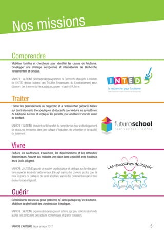 Nos missions
Comprendre
Mobiliser familles et chercheurs pour identifier les causes de l’Autisme.
Développer une stratégie européenne et internationale de Recherche
fondamentale et clinique.

VAINCRE L’AUTISME développe des programmes de Recherche et projette la création
de l’INTED (Institut National des Troubles Envahissants du Développement) pour
découvrir des traitements thérapeutiques, soigner et guérir l’Autisme.



Traiter
Former les professionnels au diagnostic et à l’intervention précoces basés
sur des traitements thérapeutiques et éducatifs pour réduire les symptômes
de l’Autisme. Former et impliquer les parents pour améliorer l’état de santé
de l’enfant.

VAINCRE L’AUTISME intervient par le transfert de compétences pour le développement
de structures innovantes dans une optique d’évaluation, de prévention et de qualité
de traitement.



Vivre
Réduire les souffrances, l’isolement, les discriminations et les difficultés
économiques. Assurer aux malades une place dans la société avec l’accès à
leurs droits citoyens.

VAINCRE L’AUTISME apporte un soutien psychologique et juridique aux familles pour
faire respecter les droits fondamentaux. Elle agit auprès des pouvoirs publics pour la
mise en place de politiques de santé adaptées, auprès des parlementaires pour faire
évoluer le cadre législatif.



Guérir
Sensibiliser la société au grave problème de santé publique qu’est l’autisme.
Mobiliser la générosité des citoyens pour l’éradiquer.

VAINCRE L’AUTISME organise des campagnes et actions, agit pour collecter des fonds
auprès des particuliers, des acteurs économiques et grands donateurs.


VAINCRE L’AUTISME Guide juridique 2012                                                   5
 