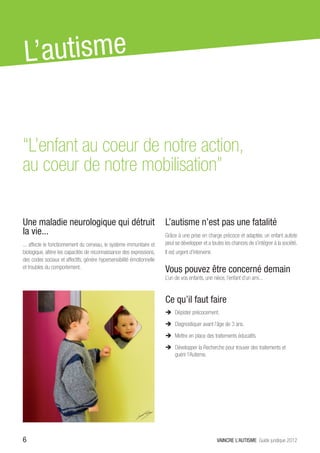 L’ autisme


“L’enfant au coeur de notre action,
au coeur de notre mobilisation”

Une maladie neurologique qui détruit                                   L’autisme n’est pas une fatalité
la vie...                                                              Grâce à une prise en charge précoce et adaptée, un enfant autiste
... affecte le fonctionnement du cerveau, le système immunitaire et    peut se développer et a toutes les chances de s’intégrer à la société.
biologique, altère les capacités de reconnaissance des expressions,    Il est urgent d’intervenir.
des codes sociaux et affectifs, génère hypersensibilité émotionnelle
et troubles du comportement.
                                                                       Vous pouvez être concerné demain
                                                                       L’un de vos enfants, une nièce, l’enfant d’un ami...


                                                                       Ce qu’il faut faire
                                                                       ÎÎ Dépister précocement.
                                                                       ÎÎ Diagnostiquer avant l’âge de 3 ans.
                                                                       ÎÎ Mettre en place des traitements éducatifs.
                                                                       ÎÎ Développer la Recherche pour trouver des traitements et
                                                                          guérir l’Autisme.




6                                                                                                    VAINCRE L’AUTISME Guide juridique 2012
 