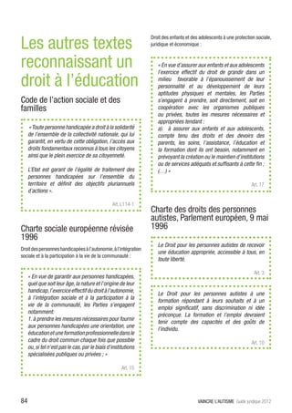 Les autres textes
                                                                 Droit des enfants et des adolescents à une protection sociale,
                                                                 juridique et économique :


reconnaissant un                                                    « En vue d’assurer aux enfants et aux adolescents
                                                                    l’exercice effectif du droit de grandir dans un

droit à l’éducation                                                 milieu favorable à l’épanouissement de leur
                                                                    personnalité et au développement de leurs
                                                                    aptitudes physiques et mentales, les Parties
Code de l’action sociale et des                                     s’engagent à prendre, soit directement, soit en
familles                                                            coopération avec les organismes publiques
                                                                    ou privées, toutes les mesures nécessaires et
                                                                    appropriées tendant :
     « Toute personne handicapée a droit à la solidarité            a). à assurer aux enfants et aux adolescents,
     de l’ensemble de la collectivité nationale, qui lui            compte tenu des droits et des devoirs des
     garantit, en vertu de cette obligation, l’accès aux            parents, les soins, l’assistance, l’éducation et
     droits fondamentaux reconnus à tous les citoyens               la formation dont ils ont besoin, notamment en
     ainsi que le plein exercice de sa citoyenneté.                 prévoyant la création ou le maintien d’institutions
                                                                    ou de services adéquats et suffisants à cette fin ;
     L’Etat est garant de l’égalité de traitement des               (…) »
     personnes handicapées sur l’ensemble du
     territoire et définit des objectifs pluriannuels                                                               Art. 17
     d’actions ».

                                                 Art. L114-1
                                                                 Charte des droits des personnes
                                                                 autistes, Parlement européen, 9 mai
Charte sociale européenne révisée                                1996
1996
                                                                    Le Droit pour les personnes autistes de recevoir
Droit des personnes handicapées à l’autonomie, à l’intégration
                                                                    une éducation appropriée, accessible à tous, en
sociale et à la participation à la vie de la communauté :
                                                                    toute liberté.

                                                                                                                      Art. 3
     « En vue de garantir aux personnes handicapées,
     quel que soit leur âge, la nature et l’origine de leur
     handicap, l’exercice effectif du droit à l’autonomie,
                                                                    Le Droit pour les personnes autistes à une
     à l’intégration sociale et à la participation à la
                                                                    formation répondant à leurs souhaits et à un
     vie de la communauté, les Parties s’engagent
                                                                    emploi significatif, sans discrimination ni idée
     notamment:
                                                                    préconçue. La formation et l’emploi devraient
     1. à prendre les mesures nécessaires pour fournir
                                                                    tenir compte des capacités et des goûts de
     aux personnes handicapées une orientation, une
                                                                    l’individu.
     éducation et une formation professionnelle dans le
     cadre du droit commun chaque fois que possible                                                                 Art. 10
     ou, si tel n’est pas le cas, par le biais d’institutions
     spécialisées publiques ou privées ; »

                                                      Art. 15




84                                                                                       VAINCRE L’AUTISME Guide juridique 2012
 