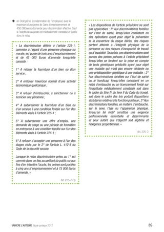 ÎÎ en Droit pénal, (condamnation de l’employeur) avec le
   maximum d’une peine de 3ans d’emprisonnement et                   « Les dispositions de l’article précédent ne sont
   450.000euros d’amende pour discrimination effective. Sauf         pas applicables : 1° Aux discriminations fondées
   si l’inaptitude au poste est médicalement constatée et justifie   sur l’état de santé, lorsqu’elles consistent en
   donc le refus.                                                    des opérations ayant pour objet la prévention
                                                                     et la couverture du risque décès, des risques
   « La discrimination définie à l’article 225-1,                    portant atteinte à l’intégrité physique de la
   commise à l’égard d’une personne physique ou                      personne ou des risques d’incapacité de travail
   morale, est punie de trois ans d’emprisonnement                   ou d’invalidité. Toutefois, ces discriminations sont
   et de 45 000 Euros d’amende lorsqu’elle                           punies des peines prévues à l’article précédent
   consiste :                                                        lorsqu’elles se fondent sur la prise en compte
                                                                     de tests génétiques prédictifs ayant pour objet
   1° A refuser la fourniture d’un bien ou d’un                      une maladie qui n’est pas encore déclarée ou
   service ;                                                         une prédisposition génétique à une maladie ; 2°
                                                                     Aux discriminations fondées sur l’état de santé
   2° A entraver l’exercice normal d’une activité                    ou le handicap, lorsqu’elles consistent en un
   économique quelconque ;                                           refus d’embauche ou un licenciement fondé sur
                                                                     l’inaptitude médicalement constatée soit dans
   3° A refuser d’embaucher, à sanctionner ou à                      le cadre du titre IV du livre II du Code du travail,
   licencier une personne ;                                          soit dans le cadre des lois portant dispositions
                                                                     statutaires relatives à la fonction publique ; 3° Aux
   4° A subordonner la fourniture d’un bien ou                       discriminations fondées, en matière d’embauche,
   d’un service à une condition fondée sur l’un des                  sur le sexe, l’âge ou l’apparence physique,
   éléments visés à l’article 225-1 ;                                lorsqu’un tel motif constitue une exigence
                                                                     professionnelle essentielle et déterminante
   5° A subordonner une offre d’emploi, une                          et pour autant que l’objectif soit légitime et
   demande de stage ou une période de formation                      l’exigence proportionnée. »
   en entreprise à une condition fondée sur l’un des
   éléments visés à l’article 225-1 ;                                                                           Art. 225-3


   6° A refuser d’accepter une personne à l’un des
   stages visés par le 2° de l’article L. 412-8 du
   Code de la sécurité sociale.

   Lorsque le refus discriminatoire prévu au 1° est
   commis dans un lieu accueillant du public ou aux
   fins d’en interdire l’accès, les peines sont portées
   à cinq ans d’emprisonnement et à 75 000 Euros
   d’amende. »

                                                 Art. 225-2 Cp




VAINCRE L’AUTISME Guide juridique 2012                                                                                       89
 