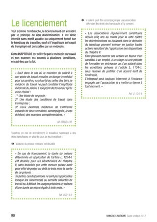 Le licenciement
                                                                    ÎÎ le salarié peut être accompagné par une association
                                                                       défendant les droits des handicapés s’il y consent.

Tout comme l’embauche, le licenciement est encadré
                                                                       «  Les associations régulièrement constituées
par le principe de non discrimination. Il est donc
                                                                       depuis cinq ans au moins pour la lutte contre
interdit sans motif valable ou uniquement fondé sur
                                                                       les discriminations ou oeuvrant dans le domaine
le handicap du travailler, sauf si l’inaptitude au travail
                                                                       du handicap peuvent exercer en justice toutes
de l’employé est constatée par un médecin.
                                                                       actions résultant de l’application des dispositions
                                                                       du chapitre II.
Cette INAPTITUDE est délivrée par le médecin du travail
                                                                       Elles peuvent exercer ces actions en faveur d’un
et son examen est soumis à plusieurs conditions,
                                                                       candidat à un emploi, à un stage ou une période
encadrées par la loi.
                                                                       de formation en entreprise ou d’un salarié dans
                                                                       les conditions prévues à l’article L. 1134-1,
                                                                       sous réserve de justifier d’un accord écrit de
     « Sauf dans le cas où le maintien du salarié à
                                                                       l’intéressé.
     son poste de travail entraîne un danger immédiat
                                                                       L’intéressé peut toujours intervenir à l’instance
     pour sa santé ou sa sécurité ou celles des tiers, le
                                                                       engagée par l’association et y mettre un terme à
     médecin du travail ne peut constater l’inaptitude
                                                                       tout moment. »
     médicale du salarié à son poste de travail qu’après
     avoir réalisé :
                                                                                                                   Art. L1134-3
     1° Une étude de ce poste ;
     2° Une étude des conditions de travail dans
     l’entreprise ;
     3° Deux examens médicaux de l’intéressé
     espacés de deux semaines, accompagnés, le cas
     échéant, des examens complémentaires. »

                                               Art. R4624-31


Toutefois, en cas de licenciement, le travailleur handicapé a des
droits spécifiques, en plus de ceux de tout travailleur :

ÎÎ la durée du préavis ordinaire est doublée


     « En cas de licenciement, la durée du préavis
     déterminée en application de l’article L. 1234-1
     est doublée pour les bénéficiaires du chapitre
     II, sans toutefois que cette mesure puisse avoir
     pour effet de porter au-delà de trois mois la durée
     de ce préavis.
     Toutefois, ces dispositions ne sont pas applicables
     lorsque les conventions ou accords collectifs de
     travail ou, à défaut, les usages prévoient un préavis
     d’une durée au moins égale à trois mois. »

                                                Art. L5213-9




90                                                                                           VAINCRE L’AUTISME Guide juridique 2012
 
