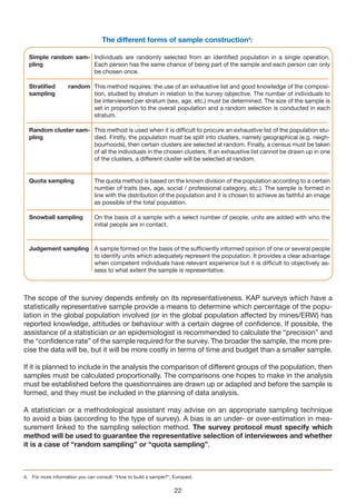 The different forms of sample construction4:

  Simple random sam- Individuals are randomly selected from an identified population in a single operation.
  pling              Each person has the same chance of being part of the sample and each person can only
                     be chosen once.

  Stratified       random This method requires: the use of an exhaustive list and good knowledge of the composi-
  sampling                tion, studied by stratum in relation to the survey ojbjective. The number of individuals to
                          be interviewed per stratum (sex, age, etc.) must be determined. The size of the sample is
                          set in proportion to the overall population and a random selection is conducted in each
                          stratum.

  Random cluster sam- This method is used when it is difficult to procure an exhaustive list of the population stu-
  pling               died. Firstly, the population must be split into clusters, namely geographical (e.g. neigh-
                      bourhoods), then certain clusters are selected at random. Finally, a census must be taken
                      of all the individuals in the chosen clusters. If an exhaustive list cannot be drawn up in one
                      of the clusters, a different cluster will be selected at random.


  Quota sampling               The quota method is based on the known division of the population according to a certain
                               number of traits (sex, age, social / professional category, etc.). The sample is formed in
                               line with the distribution of the population and it is chosen to achieve as faithful an image
                               as possible of the total population.

  Snowball sampling            On the basis of a sample with a select number of people, units are added with who the
                               initial people are in contact.



  judgement sampling A sample formed on the basis of the sufficiently informed opinion of one or several people
                     to identify units which adequately represent the population. It provides a clear advantage
                     when competent individuals have relevant experience but it is difficult to objectively as-
                     sess to what extent the sample is representative.



The scope of the survey depends entirely on its representativeness. KAP surveys which have a
statistically representative sample provide a means to determine which percentage of the popu-
lation in the global population involved (or in the global population affected by mines/ERW) has
reported knowledge, attitudes or behaviour with a certain degree of confidence. If possible, the
assistance of a statistician or an epidemiologist is recommended to calculate the “precision” and
the “confidence rate” of the sample required for the survey. The broader the sample, the more pre-
cise the data will be, but it will be more costly in terms of time and budget than a smaller sample.

If it is planned to include in the analysis the comparison of different groups of the population, then
samples must be calculated proportionally. The comparisons one hopes to make in the analysis
must be established before the questionnaires are drawn up or adapted and before the sample is
formed, and they must be included in the planning of data analysis.

A statistician or a methodological assistant may advise on an appropriate sampling technique
to avoid a bias (according to the type of survey). A bias is an under- or over-estimation in mea-
surement linked to the sampling selection method. The survey protocol must specify which
method will be used to guarantee the representative selection of interviewees and whether
it is a case of “random sampling” or “quota sampling”.



4. For more information you can consult: “How to build a sample?”, Europaid.

                                                                   22
 