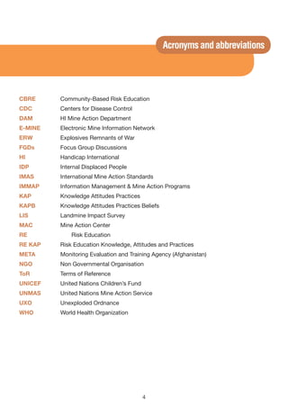 Acronyms and abbreviations




CBRE     Community-Based Risk Education
CDC      Centers for Disease Control
DAM      HI Mine Action Department
E-MINE   Electronic Mine Information Network
ERW      Explosives Remnants of War
FGDs     Focus Group Discussions
HI       Handicap International
IDP      Internal Displaced People
IMAS     International Mine Action Standards
IMMAP    Information Management & Mine Action Programs
KAP      Knowledge Attitudes Practices
KAPB     Knowledge Attitudes Practices Beliefs
LIS      Landmine Impact Survey
MAC      Mine Action Center
RE           Risk Education
RE KAP   Risk Education Knowledge, Attitudes and Practices
META     Monitoring Evaluation and Training Agency (Afghanistan)
NGO      Non Governmental Organisation
ToR      Terms of Reference
UNICEF   United Nations Children’s Fund
UNMAS    United Nations Mine Action Service
UXO      Unexploded Ordnance
WHO      World Health Organization




                                          4
 