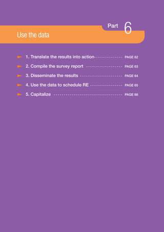 Use the data
                                                                     Part
                                                                                    6
/ 1. Translate the results into action- - - - - - - - - - - - - -                    PAGE 62

/ 2. Compile the survey report                    - - - - - - - - - - - - - - - - - - PAGE 63

/ 3. Disseminate the results                 - - - - - - - - - - - - - - - - - - - - - PAGE 64

/ 4. Use the data to schedule RE                      - - - - - - - - - - - - - - - - PAGE 65

/ 5. Capitalize       - - - - - - - - - - - - - - - - - - - - - - - - - - - - - - - - - - PAGE 66




                                             61
 
