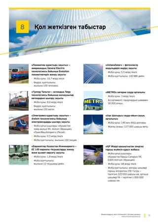 31Инвестордың жол сілтеушісі: Астана қаласы
www.investinastana.kz
Қол жеткізген табыстар8
«Локомотив құрастыру зауыты» —
американдық General Electric
технологиясы бойынша Evolution
локомотивтерін жинау зауыты
•	Жоба құны: 16,7 млрд теңге
•	Өндіріс қуаттылығы:
жылына 100 тепловоз.
«Тұлпар Тальго» — испандық Talgo
технологиясы бойынша жолаушылар
вагондарын шығару зауыты
•	Жоба құны: 8,6 млрд теңге
•	Өндіріс қуаттылығы:
жылына 150 вагон.
«Электровоз құрастыру зауыты» —
Alstom технологиясы бойынша
электровоздарды шығару зауыты
•	Жоба қатысушылары: «Қазақстан
темiр жолы» ҰК, Alstom (Франция),
«ТрансМашХолдинг» (Ресей).
•	Жоба құны: 9,5 млрд теңге
•	Жоба қуаттылығы: жылына 100 секция.
«Еврокоптер Казахстан Инжиниринг» —
ЕС 145 маркалы тікұшақтарды жинау
және қызмет көрсету зауыты
•	Жоба құны: 1,8 млрд теңге
•	Жоба қуаттылығы:
жылына 12 тікұшаққа дейін.
«AstanaSolar» — фотоэлектр
модульдерін өндіру зауыты
•	Жоба құны: 5,5 млрд теңге
•	Жоба қуаттылығы: 100 МВт дейін.
«METRO» көтерме сауда орталығы
•	Жоба құны: 3 млрд теңге
•	Ассортименті: тауарлардың шамамен
30 000 атауы.
«Хан Шатыры» сауда-ойын-сауық
орталығы»
•	Жоба құны: 140 млн АҚШ доллары
•	Жалпы алаңы: 127 000 шаршы метр.
«ҚР Жерді қашықтықтан зондтау
ғарыш жүйесін құру» жобасы
•	Жоба қатысушылары:
«Қазақстан Ғарыш Сапары» ҰК,
EADS Astrium (Франция)
•	Жоба құны: 68 млрд теңге
•	Жоба қуаттылығы: жоғары шешімді
ғарыш аппаратын (ҒА) түсіру —
тәулігіне 220 000 шаршы км, орташа
шешімді ҒА — тәулігіне 1 000 000
шаршы км.
 