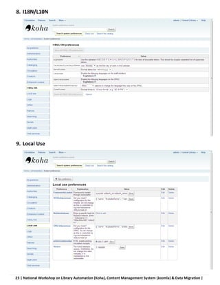 23 | National Workshop on Library Automation (Koha), Content Management System (Joomla) & Data Migration |
8. I18N/L10N
9. Local Use
 