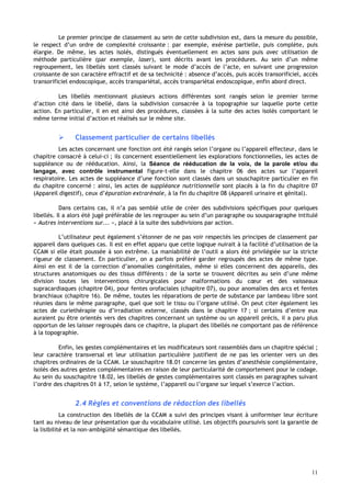11
Le premier principe de classement au sein de cette subdivision est, dans la mesure du possible,
le respect d’un ordre de complexité croissante : par exemple, exérèse partielle, puis complète, puis
élargie. De même, les actes isolés, distingués éventuellement en actes sans puis avec utilisation de
méthode particulière (par exemple, laser), sont décrits avant les procédures. Au sein d’un même
regroupement, les libellés sont classés suivant le mode d’accès de l’acte, en suivant une progression
croissante de son caractère effractif et de sa technicité : absence d’accès, puis accès transorificiel, accès
transorificiel endoscopique, accès transpariétal, accès transpariétal endoscopique, enfin abord direct.
Les libellés mentionnant plusieurs actions différentes sont rangés selon le premier terme
d’action cité dans le libellé, dans la subdivision consacrée à la topographie sur laquelle porte cette
action. En particulier, il en est ainsi des procédures, classées à la suite des actes isolés comportant le
même terme initial d’action et réalisés sur le même site.
 Classement particulier de certains libellés
Les actes concernant une fonction ont été rangés selon l’organe ou l’appareil effecteur, dans le
chapitre consacré à celui-ci ; ils concernent essentiellement les explorations fonctionnelles, les actes de
suppléance ou de rééducation. Ainsi, la Séance de rééducation de la voix, de la parole et/ou du
langage, avec contrôle instrumental figure-t-elle dans le chapitre 06 des actes sur l’appareil
respiratoire. Les actes de suppléance d’une fonction sont classés dans un souschapitre particulier en fin
du chapitre concerné : ainsi, les actes de suppléance nutritionnelle sont placés à la fin du chapitre 07
(Appareil digestif), ceux d’épuration extrarénale, à la fin du chapitre 08 (Appareil urinaire et génital).
Dans certains cas, il n’a pas semblé utile de créer des subdivisions spécifiques pour quelques
libellés. Il a alors été jugé préférable de les regrouper au sein d’un paragraphe ou sousparagraphe intitulé
« Autres interventions sur... », placé à la suite des subdivisions par action.
L’utilisateur peut également s’étonner de ne pas voir respectés les principes de classement par
appareil dans quelques cas. Il est en effet apparu que cette logique nuirait à la facilité d’utilisation de la
CCAM si elle était poussée à son extrême. La maniabilité de l’outil a alors été privilégiée sur la stricte
rigueur de classement. En particulier, on a parfois préféré garder regroupés des actes de même type.
Ainsi en est il de la correction d’anomalies congénitales, même si elles concernent des appareils, des
structures anatomiques ou des tissus différents : de la sorte se trouvent décrites au sein d’une même
division toutes les interventions chirurgicales pour malformations du cœur et des vaisseaux
supracardiaques (chapitre 04), pour fentes orofaciales (chapitre 07), ou pour anomalies des arcs et fentes
branchiaux (chapitre 16). De même, toutes les réparations de perte de substance par lambeau libre sont
réunies dans le même paragraphe, quel que soit le tissu ou l’organe utilisé. On peut citer également les
actes de curiethérapie ou d’irradiation externe, classés dans le chapitre 17 ; si certains d’entre eux
auraient pu être orientés vers des chapitres concernant un système ou un appareil précis, il a paru plus
opportun de les laisser regroupés dans ce chapitre, la plupart des libellés ne comportant pas de référence
à la topographie.
Enfin, les gestes complémentaires et les modificateurs sont rassemblés dans un chapitre spécial ;
leur caractère transversal et leur utilisation particulière justifient de ne pas les orienter vers un des
chapitres ordinaires de la CCAM. Le souschapitre 18.01 concerne les gestes d’anesthésie complémentaire,
isolés des autres gestes complémentaires en raison de leur particularité de comportement pour le codage.
Au sein du souschapitre 18.02, les libellés de gestes complémentaires sont classés en paragraphes suivant
l’ordre des chapitres 01 à 17, selon le système, l’appareil ou l’organe sur lequel s’exerce l’action.
2.4 Règles et conventions de rédaction des libellés
La construction des libellés de la CCAM a suivi des principes visant à uniformiser leur écriture
tant au niveau de leur présentation que du vocabulaire utilisé. Les objectifs poursuivis sont la garantie de
la lisibilité et la non-ambigüité sémantique des libellés.
 