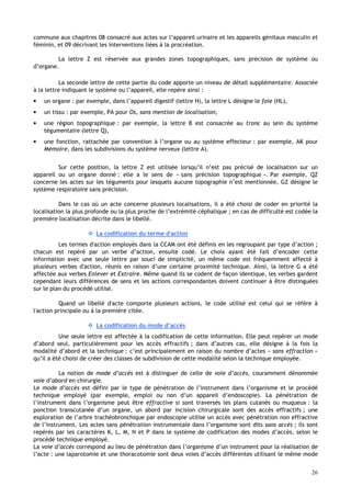 26
commune aux chapitres 08 consacré aux actes sur l’appareil urinaire et les appareils génitaux masculin et
féminin, et 09 décrivant les interventions liées à la procréation.
La lettre Z est réservée aux grandes zones topographiques, sans précision de système ou
d’organe.
La seconde lettre de cette partie du code apporte un niveau de détail supplémentaire. Associée
à la lettre indiquant le système ou l’appareil, elle repère ainsi :
• un organe : par exemple, dans l’appareil digestif (lettre H), la lettre L désigne le foie (HL),
• un tissu : par exemple, PA pour Os, sans mention de localisation,
• une région topographique : par exemple, la lettre B est consacrée au tronc au sein du système
tégumentaire (lettre Q),
• une fonction, rattachée par convention à l’organe ou au système effecteur : par exemple, AK pour
Mémoire, dans les subdivisions du système nerveux (lettre A).
Sur cette position, la lettre Z est utilisée lorsqu’il n’est pas précisé de localisation sur un
appareil ou un organe donné : elle a le sens de « sans précision topographique ». Par exemple, QZ
concerne les actes sur les téguments pour lesquels aucune topographie n’est mentionnée, GZ désigne le
système respiratoire sans précision.
Dans le cas où un acte concerne plusieurs localisations, il a été choisi de coder en priorité la
localisation la plus profonde ou la plus proche de l’extrémité céphalique ; en cas de difficulté est codée la
première localisation décrite dans le libellé.
 La codification du terme d'action
Les termes d'action employés dans la CCAM ont été définis en les regroupant par type d’action ;
chacun est repéré par un verbe d’action, ensuite codé. Le choix ayant été fait d’encoder cette
information avec une seule lettre par souci de simplicité, un même code est fréquemment affecté à
plusieurs verbes d'action, réunis en raison d’une certaine proximité technique. Ainsi, la lettre G a été
affectée aux verbes Enlever et Extraire. Même quand ils se codent de façon identique, les verbes gardent
cependant leurs différences de sens et les actions correspondantes doivent continuer à être distinguées
sur le plan du procédé utilisé.
Quand un libellé d'acte comporte plusieurs actions, le code utilisé est celui qui se réfère à
l'action principale ou à la première citée.
 La codification du mode d’accès
Une seule lettre est affectée à la codification de cette information. Elle peut repérer un mode
d’abord seul, particulièrement pour les accès effractifs ; dans d’autres cas, elle désigne à la fois la
modalité d’abord et la technique : c’est principalement en raison du nombre d’actes « sans effraction »
qu’il a été choisi de créer des classes de subdivision de cette modalité selon la technique employée.
La notion de mode d’accès est à distinguer de celle de voie d’accès, couramment dénommée
voie d’abord en chirurgie.
Le mode d’accès est défini par le type de pénétration de l’instrument dans l’organisme et le procédé
technique employé (par exemple, emploi ou non d’un appareil d’endoscopie). La pénétration de
l’instrument dans l’organisme peut être effractive si sont traversés les plans cutanés ou muqueux : la
ponction transcutanée d’un organe, un abord par incision chirurgicale sont des accès effractifs ; une
exploration de l’arbre trachéobronchique par endoscopie utilise un accès avec pénétration non effractive
de l’instrument. Les actes sans pénétration instrumentale dans l’organisme sont dits sans accès ; ils sont
repérés par les caractères K, L, M, N et P dans le système de codification des modes d’accès, selon le
procédé technique employé.
La voie d’accès correspond au lieu de pénétration dans l’organisme d’un instrument pour la réalisation de
l’acte : une laparotomie et une thoracotomie sont deux voies d’accès différentes utilisant le même mode
 