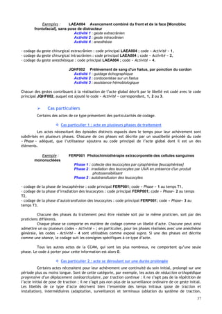 37
Exemples : LAEA004 Avancement combiné du front et de la face [Monobloc
frontofacial], sans pose de distracteur
Activité 1 : geste extracrânien
Activité 2 : geste intracrânien
Activité 4 : anesthésie
- codage du geste chirurgical extracrânien : code principal LAEA004 ; code « Activité » 1,
- codage du geste chirurgical intracrânien : code principal LAEA004 ; code « Activité » 2,
- codage du geste anesthésique : code principal LAEA004 ; code « Activité » 4.
JQHF002 Prélèvement de sang d'un fœtus, par ponction du cordon
Activité 1 : guidage échographique
Activité 2 : cordocentèse sur un fœtus
Activité 3 : assistance hémobiologique
Chacun des gestes contribuant à la réalisation de l’acte global décrit par le libellé est codé avec le code
principal JQHF002, auquel est ajouté le code « Activité » correspondant, 1, 2 ou 3.
 Cas particuliers
Certains des actes de ce type présentent des particularités de codage.
 Cas particulier 1 : acte en plusieurs phases de traitement
Les actes nécessitant des épisodes distincts espacés dans le temps pour leur achèvement sont
subdivisés en plusieurs phases. Chacune de ces phases est décrite par un souslibellé précédé du code
« Phase » adéquat, que l’utilisateur ajoutera au code principal de l’acte global dont il est un des
éléments.
Exemple : FERP001 Photochimiothérapie extracorporelle des cellules sanguines
mononucléées
Phase 1 : collecte des leucocytes par cytaphérèse [leucaphérèse]
Phase 2 : irradiation des leucocytes par UVA en présence d'un produit
photosensibilisant
Phase 3 : autotransfusion des leucocytes
- codage de la phase de leucaphérèse : code principal FERP001; code « Phase » 1 au temps T1,
- codage de la phase d’irradiation des leucocytes : code principal FERP001; code « Phase» 2 au temps
T2,
- codage de la phase d’autotransfusion des leucocytes : code principal FERP001; code « Phase» 3 au
temps T3.
Chacune des phases du traitement peut être réalisée soit par le même praticien, soit par des
praticiens différents.
Chaque phase se comporte en matière de codage comme un libellé d’acte. Chacune peut ainsi
admettre un ou plusieurs codes « Activité » ; en particulier, pour les phases réalisées avec une anesthésie
générale, les codes « Activité » 4 sont utilisables comme exposé supra. Si une des phases est décrite
comme une séance, le codage suit les consignes spécifiques à ce type d’acte.
Tous les autres actes de la CCAM, qui sont les plus nombreux, ne comportent qu’une seule
phase. Le code à porter pour cette information est alors 0.
 Cas particulier 2 : acte se déroulant sur une durée prolongée
Certains actes nécessitent pour leur achèvement une continuité du soin initial, prolongé sur une
période plus ou moins longue. Sont de cette catégorie, par exemple, les actes de réduction orthopédique
progressive d’un déplacement ostéoarticulaire, par traction continue : il ne s’agit pas de la répétition de
l’acte initial de pose de traction ; il ne s’agit pas non plus de la surveillance ordinaire de ce geste initial.
Les libellés de ce type d’acte décrivent bien l’ensemble des temps initiaux (pose de traction et
installation), intermédiaires (adaptation, surveillance) et terminaux (ablation du système de traction,
 
