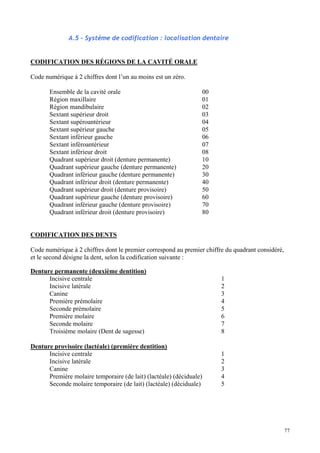 77
A.5 – Système de codification : localisation dentaire
CODIFICATION DES RÉGIONS DE LA CAVITÉ ORALE
Code numérique à 2 chiffres dont l’un au moins est un zéro.
Ensemble de la cavité orale 00
Région maxillaire 01
Région mandibulaire 02
Sextant supérieur droit 03
Sextant supéroantérieur 04
Sextant supérieur gauche 05
Sextant inférieur gauche 06
Sextant inféroantérieur 07
Sextant inférieur droit 08
Quadrant supérieur droit (denture permanente) 10
Quadrant supérieur gauche (denture permanente) 20
Quadrant inférieur gauche (denture permanente) 30
Quadrant inférieur droit (denture permanente) 40
Quadrant supérieur droit (denture provisoire) 50
Quadrant supérieur gauche (denture provisoire) 60
Quadrant inférieur gauche (denture provisoire) 70
Quadrant inférieur droit (denture provisoire) 80
CODIFICATION DES DENTS
Code numérique à 2 chiffres dont le premier correspond au premier chiffre du quadrant considéré,
et le second désigne la dent, selon la codification suivante :
Denture permanente (deuxième dentition)
Incisive centrale 1
Incisive latérale 2
Canine 3
Première prémolaire 4
Seconde prémolaire 5
Première molaire 6
Seconde molaire 7
Troisième molaire (Dent de sagesse) 8
Denture provisoire (lactéale) (première dentition)
Incisive centrale 1
Incisive latérale 2
Canine 3
Première molaire temporaire (de lait) (lactéale) (déciduale) 4
Seconde molaire temporaire (de lait) (lactéale) (déciduale) 5
 