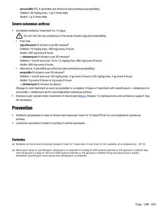 Page 140
/ 394
amoxicillin PO, if penicillins are effective (documented susceptibility)
Children: 30 mg/kg (max. 1 g) 3 times daily
Adults: 1 g 3 times daily
Severe cutaneous anthrax
Do not mix the two antibiotics in the same infusion bag (incompatibility).
ampicillin IV infusion over 30 minutes
Children 1 month and over: 50 mg/kg (max. 3 g) every 6 hours or 65 mg/kg (max. 4 g) every 8 hours
Adults: 3 g every 6 hours or 4 g every 8 hours
+ clindamycin IV infusion as above.
Change to oral treatment as soon as possible to complete 14 days of treatment with ciprofloxacin + clindamycin or
amoxicillin + clindamycin as for uncomplicated cutaneous anthrax.
Prevention
Combined antibiotic treatment for 14 days:
First-line:
ciprofloxacin IV infusion over 60 minutes
Children: 10 mg/kg (max. 400 mg) every 8 hours
Adults: 400 mg every 8 hours
+ clindamycin IV infusion over 30 minutes
Children 1 month and over: 10 to 13 mg/kg (max. 900 mg) every 8 hours
Adults: 900 mg every 8 hours
b
b
Alternative, if penicillins are effective (documented susceptibility):
b
Intensive care: symptomatic treatment of shock (see Shock, Chapter 1); tracheostomy and ventilatory support may
be necessary.
Antibiotic prophylaxis in case of known skin exposure: treat for 10 days PO as for uncomplicated cutaneous
anthrax.
Livestock vaccination; burial or burning of animal carcasses.
Footnotes
(a) Samples can be stored (including transport time) for 7 days max. in cold chain (if not available, at a temperature < 30 °C).
(b) Dilute each dose of ciprofloxacin, clindamycin or ampicillin in 5 ml/kg of 0.9% sodium chloride or 5% glucose in children less
than 20 kg and in a bag of 100 ml of 0.9% sodium chloride or 5% glucose in children 20 kg and above and in adults.
Administer ciprofloxacin more slowly than clindamycin or ampicillin.
 