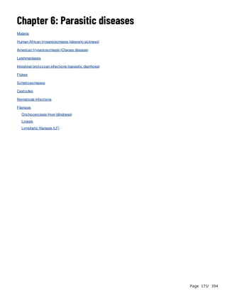 Page 171
/ 394
Chapter 6: Parasitic diseases
Malaria
Human African trypanosomiasis (sleeping sickness)
American trypanosomiasis (Chagas disease)
Leishmaniases
Intestinal protozoan infections (parasitic diarrhoea)
Flukes
Schistosomiases
Cestodes
Nematode infections
Filariasis
Onchocerciasis (river blindness)
Loiasis
Lymphatic filariasis (LF)
 