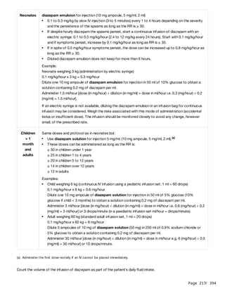 Page 217
/ 394
Count the volume of the infusion of diazepam as part of the patient’s daily fluid intake.
Neonates diazepam emulsion for injection (10 mg ampoule, 5 mg/ml, 2 ml)
Example:
Neonate weighing 3 kg (administration by electric syringe)
0.1 mg/kg/hour x 3 kg = 0.3 mg/hour
Dilute one 10 mg ampoule of diazepam emulsion for injection in 50 ml of 10% glucose to obtain a
solution containing 0.2 mg of diazepam per ml.
Administer 1.5 ml/hour [dose (in mg/hour) ÷ dilution (in mg/ml) = dose in ml/hour i.e. 0.3 (mg/hour) ÷ 0.2
(mg/ml) = 1.5 ml/hour].
If an electric syringe is not available, diluting the diazepam emulsion in an infusion bag for continuous
infusion may be considered. Weigh the risks associated with this mode of administration (accidental
bolus or insufficient dose). The infusion should be monitored closely to avoid any change, however
small, of the prescribed rate.
0.1 to 0.3 mg/kg by slow IV injection (3 to 5 minutes) every 1 to 4 hours depending on the severity
and the persistence of the spasms as long as the RR is ≥ 30.
If despite hourly diazepam the spasms persist, start a continuous infusion of diazepam with an
electric syringe: 0.1 to 0.5 mg/kg/hour (2.4 to 12 mg/kg every 24 hours). Start with 0.1 mg/kg/hour
and if symptoms persist, increase by 0.1 mg/kg/hour as long as RR is ≥ 30.
If in spite of 0.5 mg/kg/hour symptoms persist, the dose can be increased up to 0.8 mg/kg/hour as
long as the RR ≥ 30.
Diluted diazepam emulsion does not keep for more than 6 hours.
Children
> 1
month
and
adults
Same doses and protocol as in neonates but:
Examples:
Use diazepam solution for injection 5 mg/ml: (10 mg ampoule, 5 mg/ml, 2 ml).(a)
These doses can be administered as long as the RR is:
≥ 30 in children under 1 year
≥ 25 in children 1 to 4 years
≥ 20 in children 5 to 12 years
≥ 14 in children over 12 years
≥ 12 in adults
Child weighing 6 kg (continuous IV infusion using a pediatric infusion set; 1 ml = 60 drops)
0.1 mg/kg/hour x 6 kg = 0.6 mg/hour
Dilute one 10 mg ampoule of diazepam solution for injection in 50 ml of 5% glucose (10%
glucose if child < 3 months) to obtain a solution containing 0.2 mg of diazepam per ml.
Administer 3 ml/hour [dose (in mg/hour) ÷ dilution (in mg/ml) = dose in ml/hour i.e. 0.6 (mg/hour) ÷ 0.2
(mg/ml) = 3 ml/hour] or 3 drops/minute (in a paediatric infusion set ml/hour = drops/minute).
Adult weighing 60 kg (standard adult infusion set, 1 ml = 20 drops)
0.1 mg/kg/hour x 60 kg = 6 mg/hour
Dilute 5 ampoules of 10 mg of diazepam solution (50 mg) in 250 ml of 0.9% sodium chloride or
5% glucose to obtain a solution containing 0.2 mg of diazepam per ml.
Administer 30 ml/hour [dose (in mg/hour) ÷ dilution (in mg/ml) = dose in ml/hour e.g. 6 (mg/hour) ÷ 0.5
(mg/ml) = 30 ml/hour] or 10 drops/minute.
(a) Administer the first dose rectally if an IV cannot be placed immediately.
 