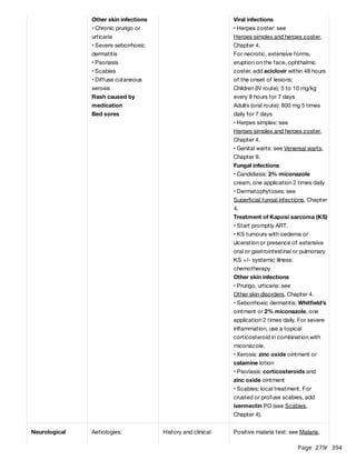 Page 279
/ 394
Other skin infections
• Chronic prurigo or
urticaria
• Severe seborrhoeic
dermatitis
• Psoriasis
• Scabies
• Diffuse cutaneous
xerosis
Rash caused by
medication
Bed sores
Viral infections
• Herpes zoster: see
Herpes simplex and herpes zoster,
Chapter 4.
For necrotic, extensive forms,
eruption on the face, ophthalmic
zoster, add aciclovir within 48 hours
of the onset of lesions:
Children (IV route): 5 to 10 mg/kg
every 8 hours for 7 days
Adults (oral route): 800 mg 5 times
daily for 7 days
• Herpes simplex: see
Herpes simplex and herpes zoster,
Chapter 4.
• Genital warts: see Venereal warts,
Chapter 9.
Fungal infections
• Candidiasis: 2% miconazole
cream, one application 2 times daily
• Dermatophytoses: see
Superficial fungal infections, Chapter
4.
Treatment of Kaposi sarcoma (KS)
• Start promptly ART.
• KS tumours with oedema or
ulceration or presence of extensive
oral or gastrointestinal or pulmonary
KS +/- systemic illness:
chemotherapy
Other skin infections
• Prurigo, urticaria: see
Other skin disorders, Chapter 4.
• Seborrhoeic dermatitis: Whitfield’s
ointment or 2% miconazole, one
application 2 times daily. For severe
inflammation, use a topical
corticosteroid in combination with
miconazole.
• Xerosis: zinc oxide ointment or
calamine lotion
• Psoriasis: corticosteroids and
zinc oxide ointment
• Scabies: local treatment. For
crusted or profuse scabies, add
ivermectin PO (see Scabies,
Chapter 4).
Neurological Aetiologies: History and clinical Positive malaria test: see Malaria,
 