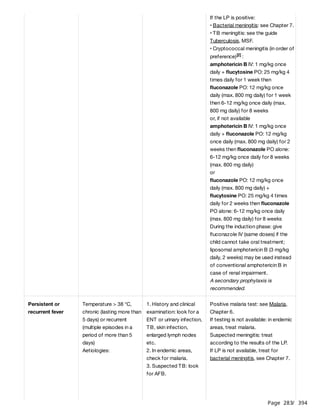 Page 283
/ 394
If the LP is positive:
• Bacterial meningitis: see Chapter 7.
• TB meningitis: see the guide
Tuberculosis, MSF.
• Cryptococcal meningitis (in order of
preference) :
amphotericin B IV: 1 mg/kg once
daily + flucytosine PO: 25 mg/kg 4
times daily for 1 week then
fluconazole PO: 12 mg/kg once
daily (max. 800 mg daily) for 1 week
then 6-12 mg/kg once daily (max.
800 mg daily) for 8 weeks
or, if not available
amphotericin B IV: 1 mg/kg once
daily + fluconazole PO: 12 mg/kg
once daily (max. 800 mg daily) for 2
weeks then fluconazole PO alone:
6-12 mg/kg once daily for 8 weeks
(max. 800 mg daily)
or
fluconazole PO: 12 mg/kg once
daily (max. 800 mg daily) +
flucytosine PO: 25 mg/kg 4 times
daily for 2 weeks then fluconazole
PO alone: 6-12 mg/kg once daily
(max. 800 mg daily) for 8 weeks
During the induction phase: give
fluconazole IV (same doses) if the
child cannot take oral treatment;
liposomal amphotericin B (3 mg/kg
daily, 2 weeks) may be used instead
of conventional amphotericin B in
case of renal impairment.
A secondary prophylaxis is
recommended.
[2]
Persistent or
recurrent fever
Temperature > 38 °C,
chronic (lasting more than
5 days) or recurrent
(multiple episodes in a
period of more than 5
days)
Aetiologies:
1. History and clinical
examination: look for a
ENT or urinary infection,
TB, skin infection,
enlarged lymph nodes
etc.
2. In endemic areas,
check for malaria.
3. Suspected TB: look
for AFB.
Positive malaria test: see Malaria,
Chapter 6.
If testing is not available: in endemic
areas, treat malaria.
Suspected meningitis: treat
according to the results of the LP.
If LP is not available, treat for
bacterial meningitis, see Chapter 7.
 