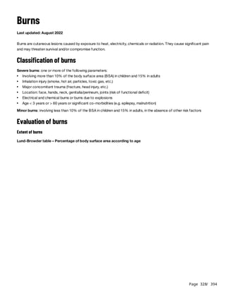 Page 328
/ 394
Burns
Last updated: August 2022
Burns are cutaneous lesions caused by exposure to heat, electricity, chemicals or radiation. They cause significant pain
and may threaten survival and/or compromise function.
Classification of burns
Severe burns: one or more of the following parameters:
Minor burns: involving less than 10% of the BSA in children and 15% in adults, in the absence of other risk factors
Evaluation of burns
Extent of burns
Lund-Browder table – Percentage of body surface area according to age
Involving more than 10% of the body surface area (BSA) in children and 15% in adults
Inhalation injury (smoke, hot air, particles, toxic gas, etc.)
Major concomitant trauma (fracture, head injury, etc.)
Location: face, hands, neck, genitalia/perineum, joints (risk of functional deficit)
Electrical and chemical burns or burns due to explosions
Age < 3 years or > 60 years or significant co-morbidities (e.g. epilepsy, malnutrition)
 
