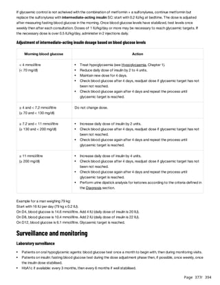 Page 377
/ 394
If glycaemic control is not acheived with the combination of metformin + a sulfonylurea, continue metformin but
replace the sulfonylurea with intermediate-acting insulin SC: start with 0.2 IU/kg at bedtime. The dose is adjusted
after measuring fasting blood glucose in the morning. Once blood glucose levels have stabilized, test levels once
weekly then after each consultation. Doses of 1 IU/kg/day or more may be necessary to reach glycaemic targets. If
the necessary dose is over 0.5 IU/kg/day, administer in 2 injections daily.
Adjustment of intermediate-acting insulin dosage based on blood glucose levels
Example for a man weighing 79 kg:
Start with 16 IU per day (79 kg x 0.2 IU).
On D4, blood glucose is 14.6 mmol/litre. Add 4 IU (daily dose of insulin is 20 IU).
On D8, blood glucose is 10.4 mmol/litre. Add 2 IU (daily dose of insulin is 22 IU).
On D12, blood glucose is 6.1 mmol/litre. Glycaemic target is reached.
Surveillance and monitoring
Laboratory surveillance
Morning blood glucose Action
< 4 mmol/litre
(< 70 mg/dl)
Treat hypoglycaemia (see Hypoglycaemia, Chapter 1).
Reduce daily dose of insulin by 2 to 4 units.
Maintain new dose for 4 days.
Check blood glucose after 4 days, readjust dose if glycaemic target has not
been not reached.
Check blood glucose again after 4 days and repeat the process until
glycaemic target is reached.
≥ 4 and < 7.2 mmol/litre
(≥ 70 and < 130 mg/dl)
Do not change dose.
≥ 7.2 and < 11 mmol/litre
(≥ 130 and < 200 mg/dl)
Increase daily dose of insulin by 2 units.
Check blood glucose after 4 days, readjust dose if glycaemic target has not
been not reached.
Check blood glucose again after 4 days and repeat the process until
glycaemic target is reached.
≥ 11 mmol/litre
(≥ 200 mg/dl)
Increase daily dose of insulin by 4 units.
Check blood glucose after 4 days, readjust dose if glycaemic target has not
been not reached.
Check blood glucose again after 4 days and repeat the process until
glycaemic target is reached.
Perform urine dipstick analysis for ketones according to the criteria defined in
the Diagnosis section.
Patients on oral hypoglycemic agents: blood glucose test once a month to begin with, then during monitoring visits.
Patients on insulin: fasting blood glucose test during the dose adjustment phase then, if possible, once weekly, once
the insulin dose stabilised.
HbA1c if available: every 3 months, then every 6 months if well stabilised.
 