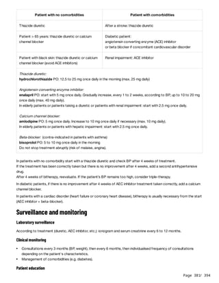 Page 381
/ 394
In patients with no comorbidity start with a thiazide diuretic and check BP after 4 weeks of treatment.
If the treatment has been correctly taken but there is no improvement after 4 weeks, add a second antihypertensive
drug.
After 4 weeks of bitherapy, reevaluate. If the patient’s BP remains too high, consider triple-therapy.
In diabetic patients, if there is no improvement after 4 weeks of AEC inhibitor treatment taken correctly, add a calcium
channel blocker.
In patients with a cardiac disorder (heart failure or coronary heart disease), bitherapy is usually necessary from the start
(AEC inhibitor + beta-blocker).
Surveillance and monitoring
Laboratory surveillance
According to treatment (diuretic, AEC inhibitor, etc.): ionogram and serum creatinine every 6 to 12 months.
Clinical monitoring
Patient education
Patient with no comorbidities Patient with comorbidities
Thiazide diuretic After a stroke: thiazide diuretic
Patient > 65 years: thiazide diuretic or calcium
channel blocker
Diabetic patient:
angiotensin converting enzyme (ACE) inhibitor
or beta blocker if concomitant cardiovascular disorder
Patient with black skin: thiazide diuretic or calcium
channel blocker (avoid ACE inhibitors)
Renal impairment: ACE inhibitor
Thiazide diuretic:
hydrochlorothiazide PO: 12.5 to 25 mg once daily in the morning (max. 25 mg daily)
Angiotensin converting enzyme inhibitor:
enalapril PO: start with 5 mg once daily. Gradually increase, every 1 to 2 weeks, according to BP, up to 10 to 20 mg
once daily (max. 40 mg daily).
In elderly patients or patients taking a diuretic or patients with renal impairment: start with 2.5 mg once daily.
Calcium channel blocker:
amlodipine PO: 5 mg once daily. Increase to 10 mg once daily if necessary (max. 10 mg daily).
In elderly patients or patients with hepatic impairment: start with 2.5 mg once daily.
Beta-blocker: (contra-indicated in patients with asthma)
bisoprolol PO: 5 to 10 mg once daily in the morning
Do not stop treatment abruptly (risk of malaise, angina).
Consultations every 3 months (BP, weight), then every 6 months, then individualised frequency of consultations
depending on the patient's characteristics.
Management of comorbidities (e.g. diabetes).
 