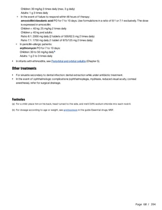 Page 60 / 394
Other treatments
Children: 30 mg/kg 3 times daily (max. 3 g daily)
Adults: 1 g 3 times daily
In the event of failure to respond within 48 hours of therapy:
amoxicillin/clavulanic acid PO for 7 to 10 days. Use formulations in a ratio of 8:1 or 7:1 exclusively. The dose
is expressed in amoxicillin:
Children < 40 kg: 25 mg/kg 2 times daily
Children ≥ 40 kg and adults:
Ratio 8:1: 2000 mg daily (2 tablets of 500/62.5 mg 2 times daily)
Ratio 7:1: 1750 mg daily (1 tablet of 875/125 mg 2 times daily)
In penicillin-allergic patients:
erythromycin PO for 7 to 10 days:
Children: 30 to 50 mg/kg daily
Adults: 1 g 2 to 3 times daily
b
In infants with ethmoiditis, see Periorbital and orbital cellulitis (Chapter 5).
For sinusitis secondary to dental infection: dental extraction while under antibiotic treatment.
In the event of ophthalmologic complications (ophthalmoplegia, mydriasis, reduced visual acuity, corneal
anesthesia), refer for surgical drainage.
Footnotes
(a) For a child: place him on his back, head turned to the side, and instil 0.9% sodium chloride into each nostril.
(b) For dosage according to age or weight, see erythromycin in the guide Essential drugs, MSF.
 