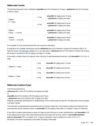 Page 87 / 394
Children under 2 months
The first line treatment is the combination ampicillin slow IV (3 minutes) for 10 days + gentamicin slow IV (3 minutes)
or IM for 5 days:
For ampicillin, IV route is preferred but IM route may be an alternative.
If ampicillin is not available, alternatives may be cefotaxime slow IV (3 minutes) or infusion (20 minutes) or IM for 10
days (for doses, see Meningitis, Chapter 7), or, as a last resort: ceftriaxone slow IV (3 minutes) or infusion (30 minutes;
60 minutes in neonates) or IM: 50 mg/kg once daily for 10 days.
If the child's condition does not improve after 48 hours of well administered treatment, add cloxacillin IV for 10 to 14
days:
Children from 2 months to 5 years
The first line treatment is:
ceftriaxone IM or slow IV (3 minutes): 50 mg/kg once daily
or
ampicillin slow IV (3 minutes) or IM: 50 mg/kg every 6 hours
+ gentamicin slow IV (3 minutes) or IM: 6 mg/kg once daily
Ampicillin is preferably administered in 4 divided doses. If the context does not permit it, the daily dose must be divided
in at least 3 doses.
The treatment is administered by parenteral route for at least 3 days then, if the clinical condition has improved and
oral treatment can be tolerated, switch to amoxicillin PO: 30 mg/kg 3 times daily to complete 10 days of treatment.
If the child's condition deteriorates or does not improve after 48 hours of correct administration, add cloxacillin IV: 25
to 50 mg/kg every 6 hours. After clinical improvement and 3 days with no fever, switch to amoxicillin/clavulanic
acid (co-amoxiclav) PO to complete 10 to 14 days of treatment. Use formulations in a ratio of 8:1 or 7:1
exclusively. The dose is expressed in amoxicillin: 50 mg/kg 2 times daily.
Children
0 - 7 days
< 2 kg
ampicillin 50 mg/kg every 12 hours
+ gentamicin 3 mg/kg once daily
≥ 2 kg
ampicillin 50 mg/kg every 8 hours
+ gentamicin 5 mg/kg once daily
Children
8 days - < 1 month
ampicillin 50 mg/kg every 8 hours
+ gentamicin 5 mg/kg once daily
Children
1 month - < 2 months
ampicillin 50 mg/kg every 6 hours
+ gentamicin 6 mg/kg once daily
b
c
Children 0 - 7 days
< 2 kg cloxacillin 50 mg/kg every 12 hours
≥ 2 kg cloxacillin 50 mg/kg every 8 hours
Children > 7 days
< 2 kg cloxacillin 50 mg/kg every 8 hours
≥ 2 kg cloxacillin 50 mg/kg every 6 hours
b
c
 