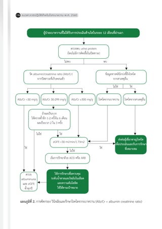 แนวทางเวชปฏิบัติส�ำหรับโรคเบาหวาน พ.ศ. 2560126
แผนภูมิที่ 2. การคัดกรอง วินิจฉัยและรักษาโรคไตจากเบาหวาน (Alb/Cr = albumin creatinine ratio)
ผู้ป่วยเบาหวานที่ไม่ได้รับการประเมินด้านไตในระยะ 12 เดือนที่ผ่านมา
ข้อมูลทางคลินิกบ่งชี้ถึงโรคไต
จากสาเหตุอื่น
วัด albumin/creatinine ratio (Alb/Cr)
จากปัสสาวะที่เก็บตอนเช้า
Alb/Cr 30-299 mg/g
ส่งต่อผู้เชี่ยวชาญโรคไต
เพื่อประเมินและรับการรักษา
ที่เหมาะสม
ให้การรักษาเพื่อควบคุม
ระดับน�้ำตาลและไขมันในเลือด
และความดันโลหิต
ให้ได้ตามเป้าหมาย
Alb/Cr ≥300 mg/g
ตรวจ
albuminuria
และ eGFR
ซ�้ำทุกปี
โรคไตจากเบาหวาน โรคไตจากสาเหตุอื่น
ไม่ใช่
ไม่ใช่
พบไม่พบ
ใช่
ไม่ใช่
ใช่
ใช่ใช่
ตรวจพบ urine protein
(โดยไม่มีการติดเชื้อในปัสสาวะ)
eGFR <30 ml/min/1.73m2
ถ้าผลเป็นบวก
ให้ตรวจซ�้ำอีก 1-2 ครั้งใน 6 เดือน
ผลเป็นบวก 2 ใน 3 ครั้ง
เริ่มการรักษาด้วย ACEI หรือ ARB
Alb/Cr <30 mg/g
 