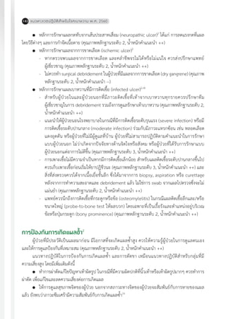 แนวทางเวชปฏิบัติส�ำหรับโรคเบาหวาน พ.ศ. 2560142
	 หลักการรักษาแผลกดทับจากเส้นประสาทเสื่อม (neuropathic ulcer)2
ได้แก่ การลดแรงกดที่แผล
โดยวิธีต่างๆ และการก�ำจัดเนื้อตาย (คุณภาพหลักฐานระดับ 2, น�้ำหนักค�ำแนะน�ำ ++)
	 หลักการรักษาแผลจากการขาดเลือด (ischemic ulcer)2
-	 หากตรวจพบแผลจากการขาดเลือด และคล�ำชีพจรไม่ได้หรือไม่แน่ใจ ควรส่งปรึกษาแพทย์
ผู้เชี่ยวชาญ (คุณภาพหลักฐานระดับ 2, น�้ำหนักค�ำแนะน�ำ ++)
-	 ไม่ควรท�ำ surgical debridement ในผู้ป่วยที่มีแผลจากการขาดเลือด (dry gangrene) (คุณภาพ
หลักฐานระดับ 2, น�้ำหนักค�ำแนะน�ำ --)
	 หลักการรักษาแผลเบาหวานที่มีการติดเชื้อ (infected ulcer)2,18
-	 ส�ำหรับผู้ป่วยในและผู้ป่วยนอกที่มีภาวะติดเชื้อที่เท้าจากเบาหวานทุกรายควรปรึกษาทีม
ผู้เชี่ยวชาญในการ debridement รวมถึงการดูแลรักษาเท้าเบาหวาน (คุณภาพหลักฐานระดับ 2,
น�้ำหนักค�ำแนะน�ำ ++)
-	 แนะน�ำให้ผู้ป่วยนอนโรงพยาบาลในกรณีที่มีการติดเชื้อระดับรุนแรง (severe infection) หรือมี
การติดเชื้อระดับปานกลาง (moderate infection) ร่วมกับมีภาวะแทรกซ้อน เช่น หลอดเลือด
แดงอุดตัน หรือผู้ป่วยที่ไม่มีผู้ดูแลที่บ้าน ผู้ป่วยที่ไม่สามารถปฏิบัติตามค�ำแนะน�ำในการรักษา
แบบผู้ป่วยนอก ไม่ว่าเกิดจากปัจจัยทางด้านจิตใจหรือสังคม หรือผู้ป่วยที่ได้รับการรักษาแบบ
ผู้ป่วยนอกแต่อาการไม่ดีขึ้น (คุณภาพหลักฐานระดับ 3, น�้ำหนักค�ำแนะน�ำ ++)
-	 การเพาะเชื้อไม่มีความจ�ำเป็นหากมีการติดเชื้อเล็กน้อย ส�ำหรับแผลติดเชื้อระดับปานกลางขึ้นไป
ควรเก็บเพาะเชื้อก่อนเริ่มให้ยาปฏิชีวนะ (คุณภาพหลักฐานระดับ 3, น�้ำหนักค�ำแนะน�ำ ++) และ
สิ่งที่ส่งตรวจควรได้จากเนื้อเยื่อชั้นลึก ซึ่งได้มาจากการ biopsy, aspiration หรือ curettage
หลังจากการท�ำความสะอาดและ debridement แล้ว ไม่ใช่การ swab จากแผลไปตรวจซึ่งจะไม่
แม่นย�ำ (คุณภาพหลักฐานระดับ 2, น�้ำหนักค�ำแนะน�ำ ++)
-	 แพทย์ควรนึกถึงการติดเชื้อที่กระดูกหรือข้อ (osteomylelitis) ในกรณีแผลติดเชื้อลึกและ/หรือ
ขนาดใหญ่ (probe-to-bone test ให้ผลบวก) โดยเฉพาะที่เป็นเรื้อรังและต�ำแหน่งอยู่บริเวณ
ข้อหรือปุ่มกระดูก (bony prominence) (คุณภาพหลักฐานระดับ 2, น�้ำหนักค�ำแนะน�ำ ++)
การป้องกันการเกิดแผลซ�้ำ2
ผู้ป่วยที่มีประวัติเป็นแผลมาก่อน มีโอกาสที่จะเกิดแผลซ�้ำสูง ควรให้ความรู้ผู้ป่วยในการดูแลตนเอง
และให้การดูแลป้องกันที่เหมาะสม (คุณภาพหลักฐานระดับ 2, น�้ำหนักค�ำแนะน�ำ ++)
แนวทางปฏิบัติในการป้องกันการเกิดแผลซ�้ำ และการตัดขา เหมือนแนวทางปฏิบัติส�ำหรับกลุ่มที่มี
ความเสี่ยงสูง โดยมีเพิ่มเติมดังนี้
	 ท�ำการผ่าตัดแก้ไขปัญหาเท้าผิดรูป ในกรณีที่มีความผิดปกติที่นิ้วเท้าหรือเท้าผิดรูปมากๆ ควรท�ำการ
ผ่าตัด เพื่อแก้ไขและลดความเสี่ยงต่อการเกิดแผล
	 ให้การดูแลสุขภาพจิตของผู้ป่วย นอกจากสภาวะทางจิตของผู้ป่วยจะสัมพันธ์กับการหายของแผล
แล้ว ยังพบว่าภาวะซึมเศร้ามีความสัมพันธ์กับการเกิดแผลซ�้ำ19
 