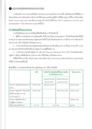 แนวทางเวชปฏิบัติส�ำหรับโรคเบาหวาน พ.ศ. 256030
การวัดระดับ A1C สามารถวินิจฉัยภาวะก่อนเบาหวานและโรคเบาหวานได้6
แต่ยังไม่แนะน�ำให้ใช้ในการ
คัดกรองโรคเบาหวานในคนไทย เนื่องจากค่าใช้จ่ายสูง และห้องปฏิบัติการที่ได้มาตรฐาน ได้รับการรับรองโดย
NGSP (www.ngsp.org) และเทียบมาตรฐานอ้างอิงกับวิธีวัดของ DCCT (Diabetes Control and
Complications Trial reference assay) ยังมีน้อย
การวินิจฉัยโรคเบาหวาน
การวินิจฉัยโรคเบาหวาน ท�ำได้โดยวิธีใดวิธีหนึ่งใน 4 วิธี ดังต่อไปนี้
1.	 ผู้ที่มีอาการของโรคเบาหวานชัดเจนคือ หิวน�้ำบ่อย ปัสสาวะบ่อยและมาก น�้ำหนักตัวลดลงโดยที่ไม่มี
สาเหตุ สามารถตรวจระดับพลาสมากลูโคสเวลาใดก็ได้ ไม่จ�ำเป็นต้องอดอาหาร ถ้ามีค่ามากกว่าหรือเท่ากับ
200 มก./ดล. ให้การวินิจฉัยว่าเป็นโรคเบาหวาน
2.	 การตรวจระดับพลาสมากลูโคสตอนเช้าหลังอดอาหารข้ามคืนมากกว่า 8 ชั่วโมง (FPG) มีค่า 126
มก./ดล.เหมาะส�ำหรับคนทั่วไปที่มาตรวจสุขภาพ และผู้ที่ไม่มีอาการ
3.	 การตรวจความทนต่อกลูโคส (75 กรัม Oral Glucose Tolerance Test, OGTT) ถ้าระดับพลาสมา
กลูโคส 2 ชั่วโมง หลังดื่มน�้ำตาล 200 มก./ดล. ให้วินิจฉัยว่าเป็นโรคเบาหวาน
วิธีนี้มักใช้ในงานวิจัย เนื่องจากผลการตรวจมีความไว (sensitivity) แต่ความจ�ำเพาะ (specificity)
ไม่ดีนัก อาจคลาดเคลื่อนได้
ตารางที่ 3. การแปลผลระดับพลาสมากลูโคสและ A1C เพื่อการวินิจฉัย
พลาสมากลูโคสขณะอดอาหาร
(FPG)
พลาสมากลูโคสที่ 2 ชั่วโมงหลัง
ดื่มน�้ำตาลกลูโคส 75 กรัม
2 h-PG (OGTT)
พลาสมากลูโคสที่เวลาใดๆ
ในผู้ที่มีอาการชัดเจน
ฮีโมโกลบินเอวันซี (A1C)
<100 มก./ดล.
<140 มก./ดล.
-
<5.7 %
impaired fasting
glucose (IFG)
100-125 มก./ดล.
-
-
impaired glucose
tolerance (IGT)
-
140–199 มก./ดล.
-
126 มก./ดล.
200 มก./ดล.
200 มก./ดล.
6.5%
ระดับน�้ำตาลในเลือดที่เพิ่มความเสี่ยง
การเป็นโรคเบาหวาน
ปกติ โรคเบาหวาน
5.7-6.4 %
 