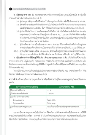 แนวทางเวชปฏิบัติส�ำหรับโรคเบาหวาน พ.ศ. 256036
3.	 ผู้สูงอายุ (อายุ >65 ปี) ควรพิจารณาสุขภาพโดยรวมของผู้ป่วย และแบ่งผู้ป่วยเป็น 3 กลุ่มเพื่อ
ก�ำหนดเป้าหมายในการรักษา คือ (ตารางที่ 2)
	 3.1.	ผู้ป่วยสูงอายุที่สุขภาพดีไม่มีโรคร่วม3
ให้ควบคุมในระดับเข้มงวดคือใช้เป้าหมาย A1C <7.0%
	 3.2.	 ผู้ป่วยที่สามารถช่วยเหลือตัวเองในการด�ำเนินกิจวัตรประจ�ำวันได้ (functionally independent)
		 และมีโรคร่วม (comorbidity) อื่นๆ ที่ต้องได้รับการดูแลร่วมด้วย เป้าหมาย A1C 7.0-7.5%
	 3.3.	ผู้ป่วยที่ต้องได้รับการช่วยเหลือและดูแลใกล้ชิดในการด�ำเนินกิจวัตรประจ�ำวัน (functionally
		 dependent) การบริหารยาไม่ควรยุ่งยาก เป้าหมาย A1C 7.0-8.0% เลือกใช้ยาที่มีความเสี่ยง
		 น้อยต่อการเกิดภาวะน�้ำตาลต�่ำในเลือด และให้ความรู้แก่ผู้ดูแลผู้ป่วยในการปฏิบัติตัวเพื่อ
		 ป้องกันและแก้ไขภาวะน�้ำตาลต�่ำในเลือด
	 3.3.1.	 ผู้ป่วยที่สภาพร่างกายไม่แข็งแรง เปราะบาง (fraility) มีโอกาสที่จะล้มหรือเจ็บป่วยรุนแรง
	 ควรหลีกเลี่ยงยาที่ท�ำให้เกิดการเบื่ออาหาร คลื่นไส้ อาเจียน อาจให้ระดับ A1C สูงได้ถึง 8.5%
	 3.3.2.	 ผู้ป่วยที่มีภาวะสมองเสื่อม (dementia) มีความเสี่ยงสูงต่อการเกิดภาวะน�้ำตาลต�่ำในเลือด
	 ขั้นรุนแรง ควรหลีกเลี่ยงยาที่ท�ำให้ระดับน�้ำตาลต�่ำในเลือด อาจให้ระดับ A1C สูงได้ถึง 8.5%
4.	 ผู้ป่วยที่คาดว่าจะมีชีวิตอยู่ได้ไม่เกิน 1 ปี (life expectancy <1 ปี) ได้แก่ ผู้ป่วยที่มีความเจ็บ
ป่วยอย่างมาก หรือ เป็นโรคมะเร็ง (ระยะสุดท้าย) การรักษาโรคเบาหวาน มุ่งเน้นให้ผู้ป่วยรู้สึกสบาย และ
ไม่เกิดอาการจากภาวะน�้ำตาลในเลือดสูง ให้ได้รับการดูแลที่บ้านที่ช่วยให้มีคุณภาพชีวิตที่ดีจนวาระสุดท้าย
ไม่ก�ำหนดระดับ A1C
ในกรณีผู้ป่วยเบาหวานเด็กและวัยรุ่นมีเป้าหมายของการรักษาให้ระดับ A1C <7.5% (ดูบทที่ 14 การ
คัดกรอง วินิจฉัย และรักษาเบาหวานในเด็กและวัยรุ่น)
ตารางที่ 2. เป้าหมายในการควบคุมระดับน�้ำตาลในเลือดส�ำหรับผู้ป่วยเบาหวานสูงอายุ3
และผู้ป่วยระยะ
สุดท้าย
ผู้มีสุขภาพดี ไม่มีโรคร่วม
ผู้มีโรคร่วม ช่วยเหลือตัวเองได้
ผู้ป่วยที่ต้องได้รับการช่วยเหลือ
มีภาวะเปราะบาง
มีภาวะสมองเสื่อม
ผู้ป่วยที่คาดว่าจะมีชีวิตอยู่ได้ไม่นาน
<7 %
7.0-7.5%
ไม่เกิน 8.5%
ไม่เกิน 8.5%
หลีกเลี่ยงภาวะน�้ำตาลในเลือดสูงจนท�ำให้เกิดอาการ
สภาวะผู้ป่วยเบาหวานสูงอายุ เป้าหมายระดับ A1C
นอกจากนี้ ควรควบคุมและลดปัจจัยเสี่ยงต่างๆ ที่ส่งเสริมการเกิดโรคแทรกซ้อนเรื้อรังจากเบาหวานให้ได้
ตามเป้าหมายหรือใกล้เคียงที่สุด1-3
(ตารางที่ 3) ได้แก่ น�้ำหนักตัวและเส้นรอบเอว ควบคุมระดับไขมันในเลือด
ที่ผิดปกติ ความดันโลหิตสูง การงดสูบบุหรี่ และให้มีการออกก�ำลังกายอย่างสม�่ำเสมอและเพียงพอ
 