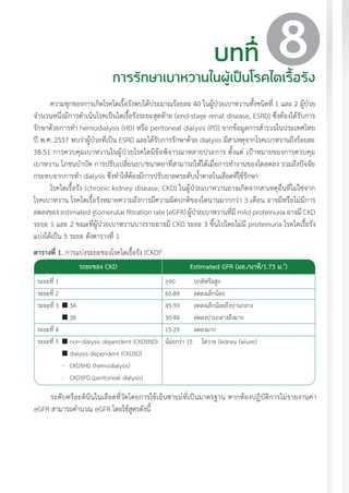 แนวทางเวชปฏิบัติส�ำหรับโรคเบาหวาน พ.ศ. 2560 83
ระยะของ CKD Estimated GFR (มล./นาที/1.73 ม.2
)
ความชุกของการเกิดโรคไตเรื้อรังพบได้ประมาณร้อยละ 40 ในผู้ป่วยเบาหวานทั้งชนิดที่ 1 และ 2 ผู้ป่วย
จ�ำนวนหนึ่งมีการด�ำเนินโรคเป็นไตเรื้อรังระยะสุดท้าย (end-stage renal disease, ESRD) ซึ่งต้องได้รับการ
รักษาด้วยการท�ำ hemodialysis (HD) หรือ peritoneal dialysis (PD) จากข้อมูลการส�ำรวจในประเทศไทย
ปี พ.ศ. 2557 พบว่าผู้ป่วยที่เป็น ESRD และได้รับการรักษาด้วย dialysis มีสาเหตุจากโรคเบาหวานถึงร้อยละ
38.51 การควบคุมเบาหวานในผู้ป่วยโรคไตมีข้อพิจารณาหลายประการ ตั้งแต่ เป้าหมายของการควบคุม
เบาหวาน โภชนบ�ำบัด การปรับเปลี่ยนยา/ขนาดยาที่สามารถให้ได้เมื่อการท�ำงานของไตลดลง รวมถึงปัจจัย
กระทบจากการท�ำ dialysis ซึ่งท�ำให้ต้องมีการปรับยาลดระดับน�้ำตาลในเลือดที่ใช้รักษา
โรคไตเรื้อรัง (chronic kidney disease, CKD) ในผู้ป่วยเบาหวานอาจเกิดจากสาเหตุอื่นที่ไม่ใช่จาก
โรคเบาหวาน โรคไตเรื้อรังหมายความถึงการมีความผิดปกติของไตนานมากกว่า 3 เดือน อาจมีหรือไม่มีการ
ลดลงของ estimated glomerular filtration rate (eGFR) ผู้ป่วยเบาหวานที่มี mild proteinuria อาจมี CKD
ระยะ 1 และ 2 ขณะที่ผู้ป่วยเบาหวานบางรายอาจมี CKD ระยะ 3 ขึ้นไปโดยไม่มี proteinuria โรคไตเรื้อรัง
แบ่งได้เป็น 5 ระยะ ดังตารางที่ 1
บทที่
การรักษาเบาหวานในผู้เป็นโรคไตเรื้อรัง
8
ตารางที่ 1. การแบ่งระยะของโรคไตเรื้อรัง (CKD)2
ระยะที่ 1
ระยะที่ 2
ระยะที่ 3	 	3A
	 	3B
ระยะที่ 4
ระยะที่ 5 	non-dialysis dependent (CKD5ND)
	 	dialysis dependent (CKD5D)
	 -	 CKD5HD (hemodialysis)
	 -	 CKD5PD (peritoneal dialysis)
³90	 ปกติหรือสูง
60-89	 ลดลงเล็กน้อย
45-59	 ลดลงเล็กน้อยถึงปานกลาง
30-44	 ลดลงปานกลางถึงมาก
15-29	 ลดลงมาก
น้อยกว่า 15	 ไตวาย (kidney failure)
ระดับครีอะตินีนในเลือดที่วัดโดยการใช้เอ็นซายม์ที่เป็นมาตรฐาน หากห้องปฏิบัติการไม่รายงานค่า
eGFR สามารถค�ำนวณ eGFR โดยใช้สูตรดังนี้
 