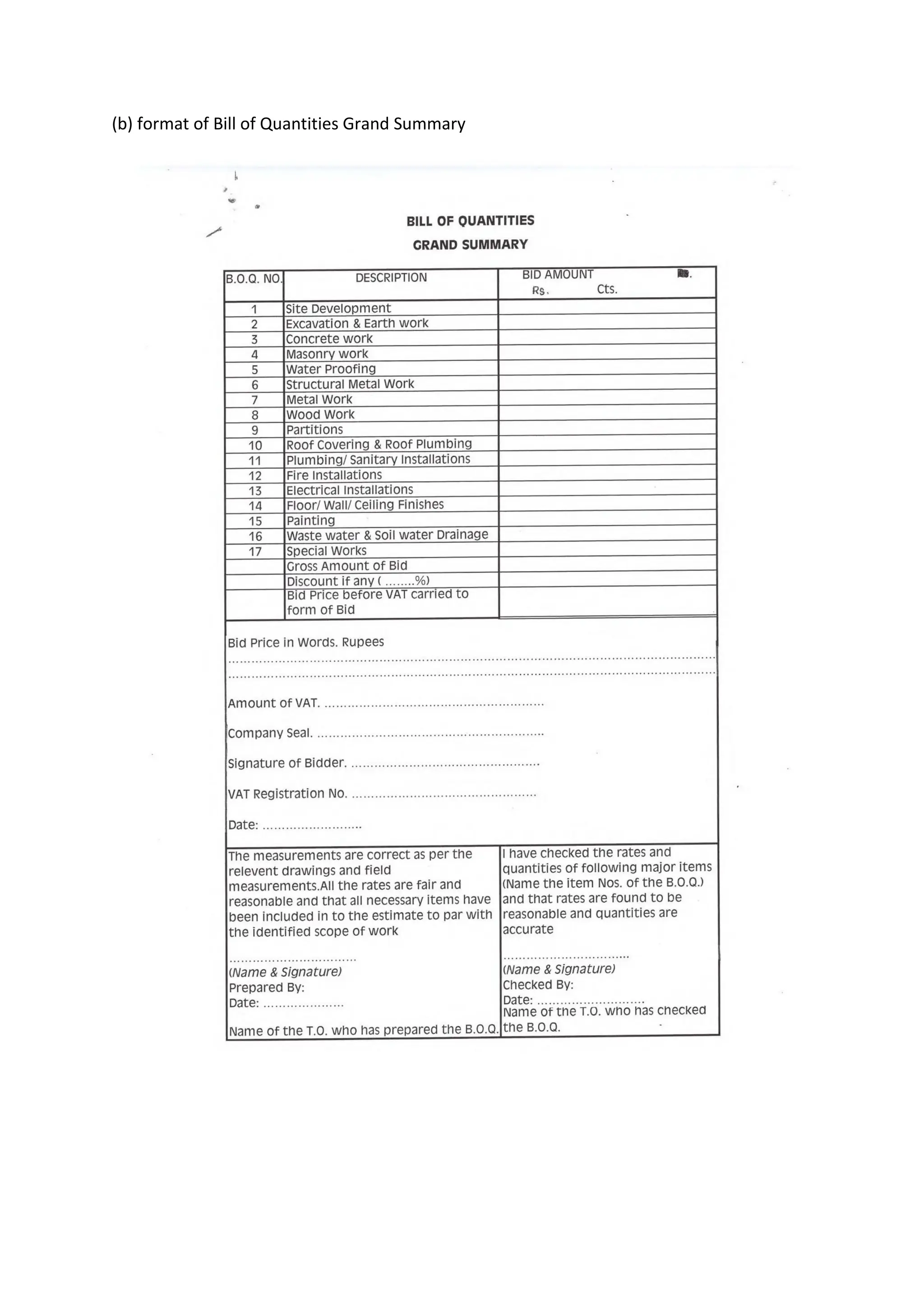 (b) format of Bill of Quantities Grand Summary
 