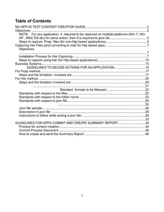 Table of Contents
MU APP-ID TEST CONTENT CREATION GUIDE.....................................................................2
Objectives ...................................................................................................................................2
NOTE: For any application, if required to be captured on multiple platforms (Win 7, Win
XP , MAC OS etc) for same action, then it is required to give ids..........................................2
Steps to capture Pcap files (for non-http based applications)..............................................2
Capturing Har Files (and converting to msl) for http based apps...............................................7
Objectives
................................................................................................................................................7
Installation Process for Har Capturing:...................................................................................7
Steps to capture using Har (for http based applications).....................................................10
Business Systems.....................................................................................................................13
GUIDELINES TO DECIDE ACTIONS FOR AN APPLICATION...................................15
For Pcap method:......................................................................................................................17
Steps and the limitation involved are:..................................................................................17
For Har method:........................................................................................................................20
Steps and the limitation involved are:...................................................................................20
..............................................................................................................................21
Standard formats to be followed............................................22
Standards with respect to the files........................................................................................22
Standards with respect to the folder name...........................................................................23
Standards with respect to json file........................................................................................25
...................................................................................................25
Json file sample....................................................................................................................26
Description in json file .........................................................................................................29
Instructions to follow while writing a json file:.......................................................................29
........................................................................................33
GUIDELINES FOR APPS COMMIT AND CREATE SUMMARY REPORT..............................34
Process for content creation:................................................................................................34
Commit Process Document:.................................................................................................36
How to create and send the Summary Report:....................................................................40
1
 