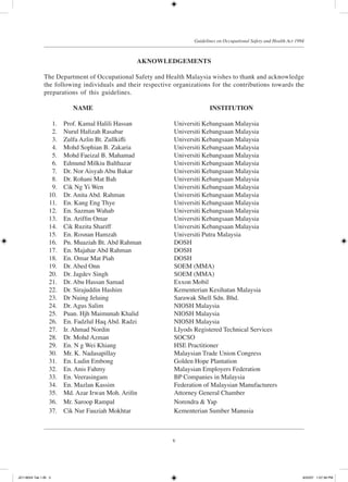 v
Guidelines on Occupational Safety and Health Act 1994
AKNOWLEDGEMENTS
The Department of Occupational Safety and Health Malaysia wishes to thank and acknowledge
the following individuals and their respective organizations for the contributions towards the
preparations of this guidelines.
	 namE	 instituTiON
	 1.	 Prof. Kamal Halili Hassan	 Universiti Kebangsaan Malaysia
	 2.	 Nurul Hafizah Rasabar	 Universiti Kebangsaan Malaysia
	 3.	 Zulfa Azlin Bt. Zullkifli	 Universiti Kebangsaan Malaysia
	 4.	 Mohd Sophian B. Zakaria	 Universiti Kebangsaan Malaysia
	 5.	 Mohd Faeizal B. Mahamad	 Universiti Kebangsaan Malaysia
	 6.	 Edmund Milkiu Balthazar	 Universiti Kebangsaan Malaysia
	 7.	 Dr. Nor Aisyah Abu Bakar	 Universiti Kebangsaan Malaysia
	 8.	 Dr. Rohani Mat Bah	 Universiti Kebangsaan Malaysia
	 9.	 Cik Ng Yi Wen	 Universiti Kebangsaan Malaysia
	 10.	 Dr. Anita Abd. Rahman	 Universiti Kebangsaan Malaysia
	 11.	 En. Kang Eng Thye	 Universiti Kebangsaan Malaysia
	 12.	 En. Sazman Wahab	 Universiti Kebangsaan Malaysia
	 13.	 En. Ariffin Omar	 Universiti Kebangsaan Malaysia
	 14.	 Cik Ruzita Shariff	 Universiti Kebangsaan Malaysia
	 15.	 En. Rosnan Hamzah	 Universiti Putra Malaysia
	 16.	 Pn. Muaziah Bt. Abd Rahman	 DOSH
	 17.	 En. Majahar Abd Rahman	 DOSH
	 18.	 En. Omar Mat Piah	 DOSH
	 19.	 Dr. Abed Onn	 SOEM (MMA)
	 20.	 Dr. Jagdev Singh	 SOEM (MMA)
	 21.	 Dr. Abu Hassan Samad	 Exxon Mobil
	 22.	 Dr. Sirajuddin Hashim	 Kementerian Kesihatan Malaysia
	 23.	 Dr Nuing Jeluing	 Sarawak Shell Sdn. Bhd.
	 24.	 Dr. Agus Salim	 NIOSH Malaysia
	 25.	 Puan. Hjh Maimunah Khalid	 NIOSH Malaysia
	 26.	 En. Fadzlul Haq Abd. Radzi	 NIOSH Malaysia
	 27.	 Ir. Ahmad Nordin	 LIyods Registered Technical Services
	 28.	 Dr. Mohd Azman	 SOCSO
	 29.	 En. N g Wei Khiang	 HSE Practitioner
	 30.	 Mr. K. Nadasapillay	 Malaysian Trade Union Congress
	 31.	 En. Ludin Embong	 Golden Hope Plantation
	 32.	 En. Anis Fahmy	 Malaysian Employers Federation
	 33.	 En. Veerasingam	 BP Companies in Malaysia
	 34.	 En. Mazlan Kassim	 Federation of Malaysian Manufacturers
	 35.	 Md. Azar Irwan Moh. Arifin	 Attorney General Chamber
	 36.	 Mr. Saroop Rampal	 Norendra & Yap
	 37.	 Cik Nur Fauziah Mokhtar	 Kementerian Sumber Manusia
JD118024 Tek 1-BI 5 9/22/07 1:07:39 PM
 