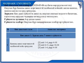№ Бие даалтын сэдэв Ашиглах материал
Бие даалт 1. Зургаа дахь 7 хоногт гүйцэтгэх
1
Банкны ажил мэргэжилтэй
холбоотой кэйс орчуулах
[2] unit 1-4, page 4-10
[3] unit 6-11, page 14-24
[3] unit 1-4, page 4-10
Бие даалтын даалгавар 1: (2020-03-06 нд багш нар руугаа илгээх)
Оюутан бүр банкны ажил мэргэжилтэй холбоотой кэйсийг англи-монгол,
монгол-англи хэл рүү орчуулна.
Зорилго: Бие даан гүйцэтгэх ажил нь оюутан онолын мэдлэгээ бататгаж,
хэрэглээнд оруулах чадвараа хөгжүүлэхэд чиглэгдэнэ.
Гүйцэтгэх хугацаа: 6-р долоо хоног
Гүйцэтгэх хэлбэр: Оюутан бүр ганцаарчилсан хэлбэрээр гүйцэтгэнэ.
 