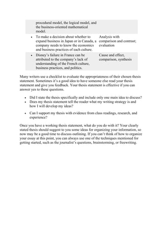 procedural model, the logical model, and
the business-oriented mathematical
model.
• To make a decision about whether to
expand business in Japan or in Canada, a
company needs to know the economics
and business practices of each culture.
Analysis with
comparison and contrast;
evaluation
• Disney’s failure in France can be
attributed to the company’s lack of
understanding of the French culture,
business practices, and politics.
Cause and effect,
comparison, synthesis
Many writers use a checklist to evaluate the appropriateness of their chosen thesis
statement. Sometimes it’s a good idea to have someone else read your thesis
statement and give you feedback. Your thesis statement is effective if you can
answer yes to these questions.
• Did I state the thesis specifically and include only one main idea to discuss?
• Does my thesis statement tell the reader what my writing strategy is and
how I will develop my ideas?
• Can I support my thesis with evidence from class readings, research, and
experience?
Once you have a working thesis statement, what do you do with it? Your clearly
stated thesis should suggest to you some ideas for organizing your information, so
now may be a good time to discuss outlining. If you can’t think of how to organize
your essay at this point, you can always use one of the techniques mentioned for
getting started, such as the journalist’s questions, brainstorming, or freewriting.
 