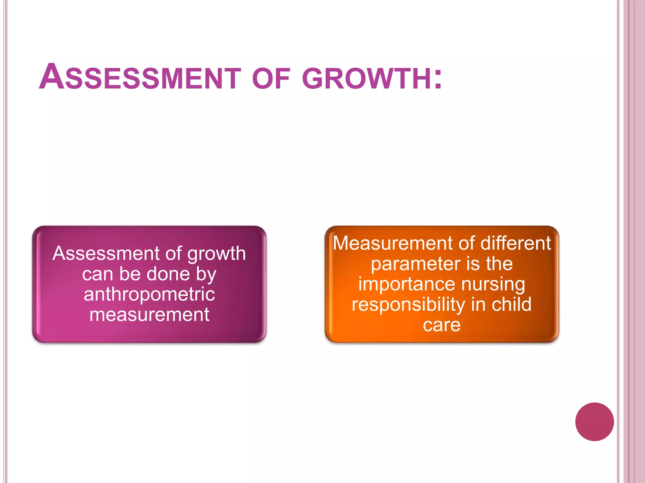 ASSESSMENT OF GROWTH:
Assessment of growth
can be done by
anthropometric
measurement
Measurement of different
parameter is the
importance nursing
responsibility in child
care
 